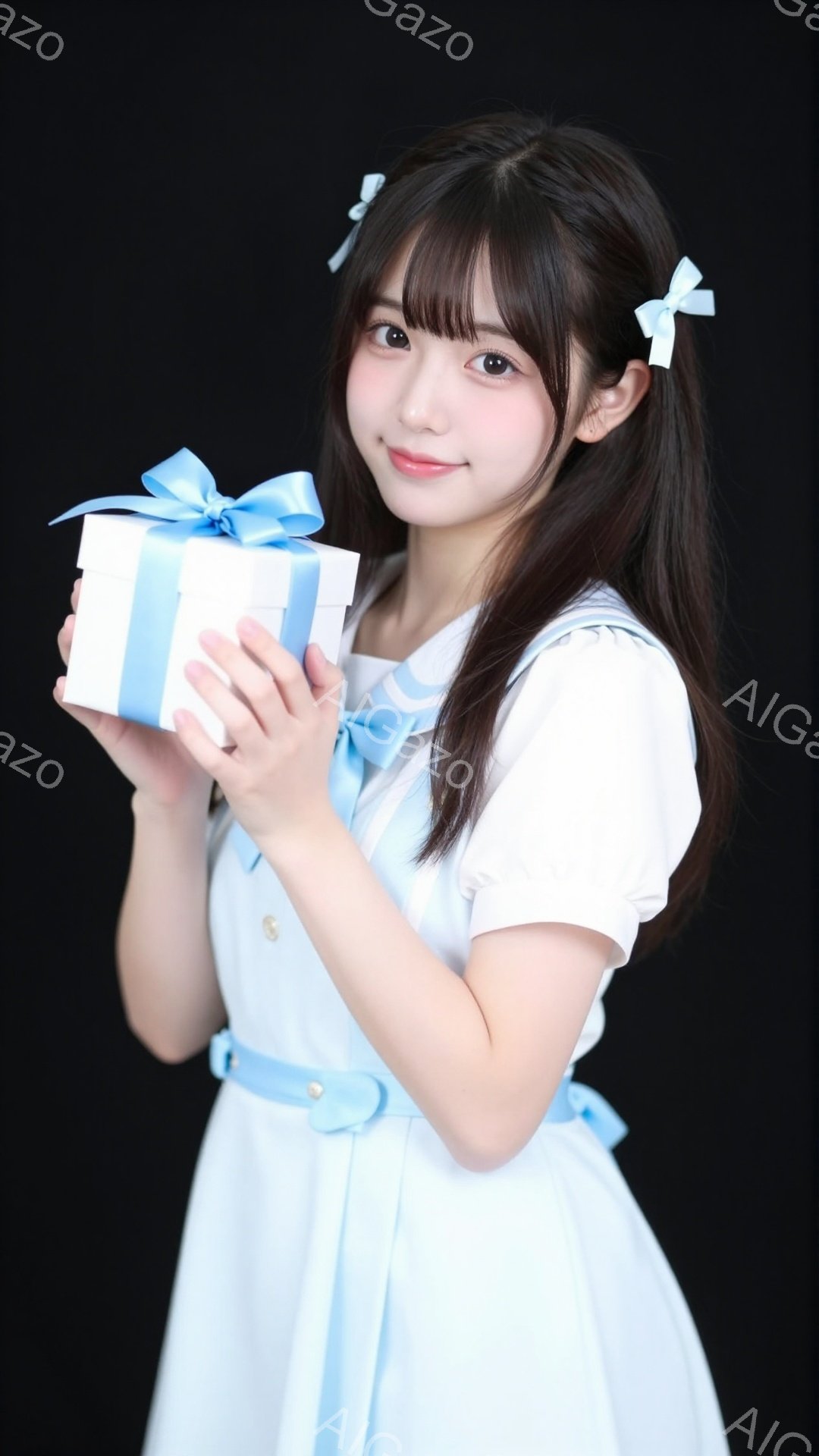 長い黒髪に白いリボンをつけた女性が、水色のワンピースを着ています。彼女は微笑んでおり、両手で水色のリボンで結ばれた小さなギフトボックスを持っています。背景は黒で、全体的に柔らかく、優しい雰囲気を醸し出 - AI生成フリー素材