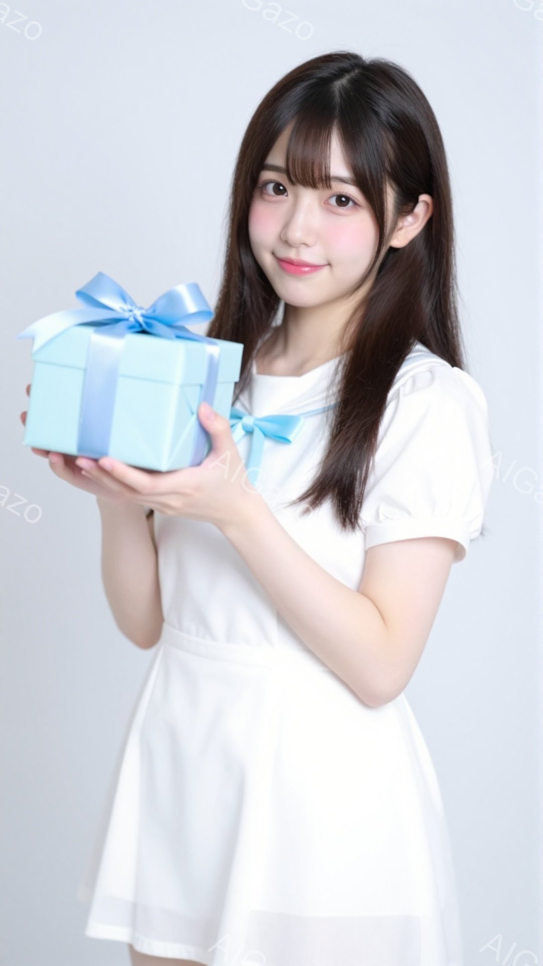 長い黒髪で、前髪は眉毛にかかる程度にカットされた女性が写っています。白いワンピースを着ており、左手に水色のリボンで飾られたギフトボックスを持っています。背景は白で、女性は笑顔でギフトボックスを鑑賞者の - AI生成フリー素材