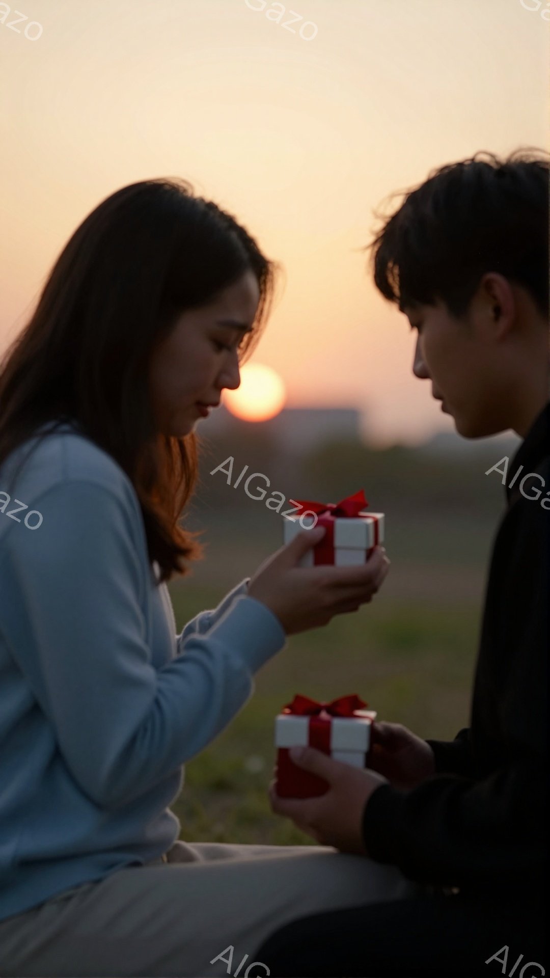 長い黒髪の女性が、薄い水色のセーターを着て、小さな赤いリボンで飾られた白い箱を手に持っています。彼女は顔を少し下げ、箱を相手に差し出そうとしています。背景には夕焼けが広がり、オレンジ色の光が大地を照らし、ロマンチックで穏やかな雰囲気が漂っています。