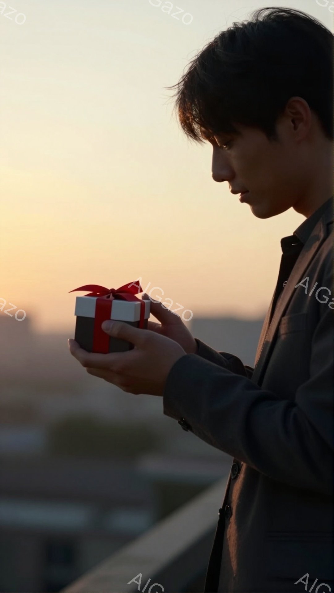 若い男性が赤いリボンと包装紙で飾られた小さな箱を両手に抱えています。彼はダークグレーのスーツとネクタイを着ており、黒髪は短く整えられています。背景には夕焼けの空と、ぼやけた都市の建物が見え、全体的に穏やかでロマンチックな雰囲気を醸し出しています。