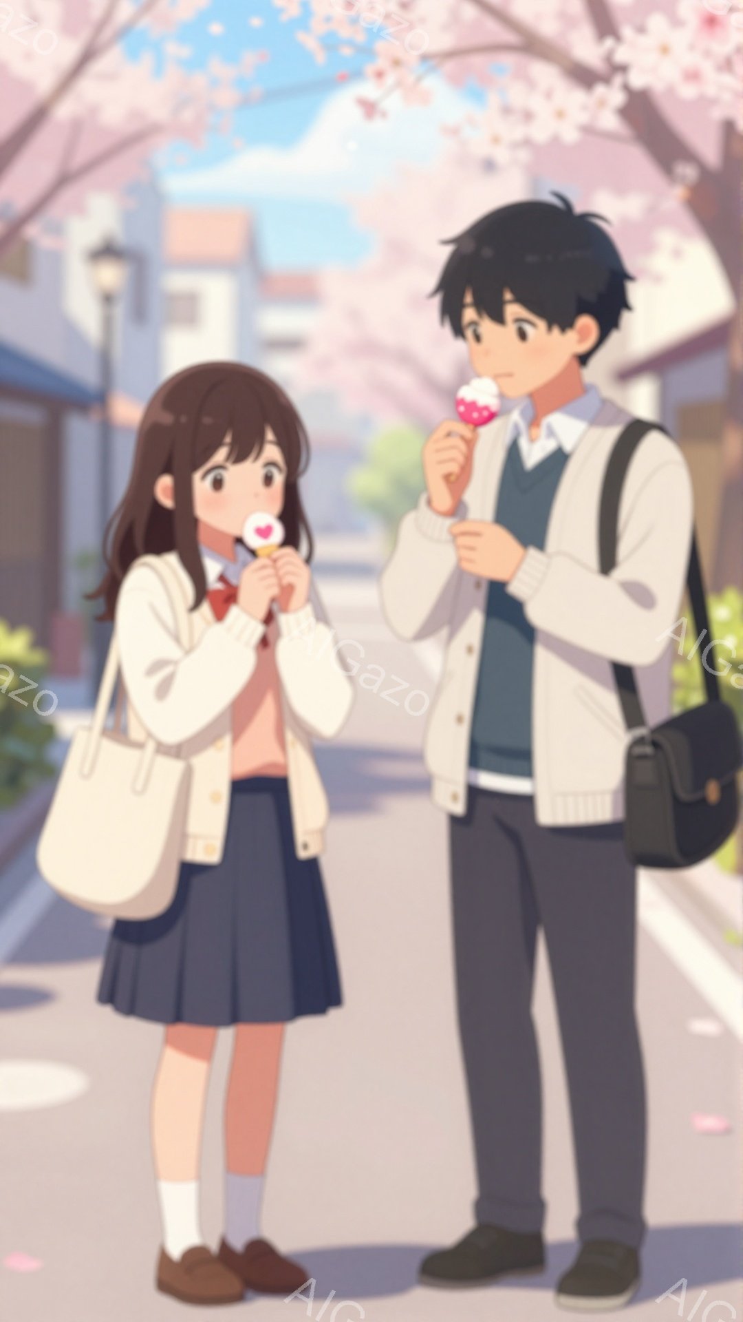 画像には、桜並木が続く道に立つ、若い男女が描かれています。女の子は茶色のショートヘアで、制服にカーディガンを着て、手にはピンク色のスイーツを持っています。男の子は黒髪で、同様にカーディガンを着て、肩に黒いバッグをかけ、同じようにスイーツを手にしています。