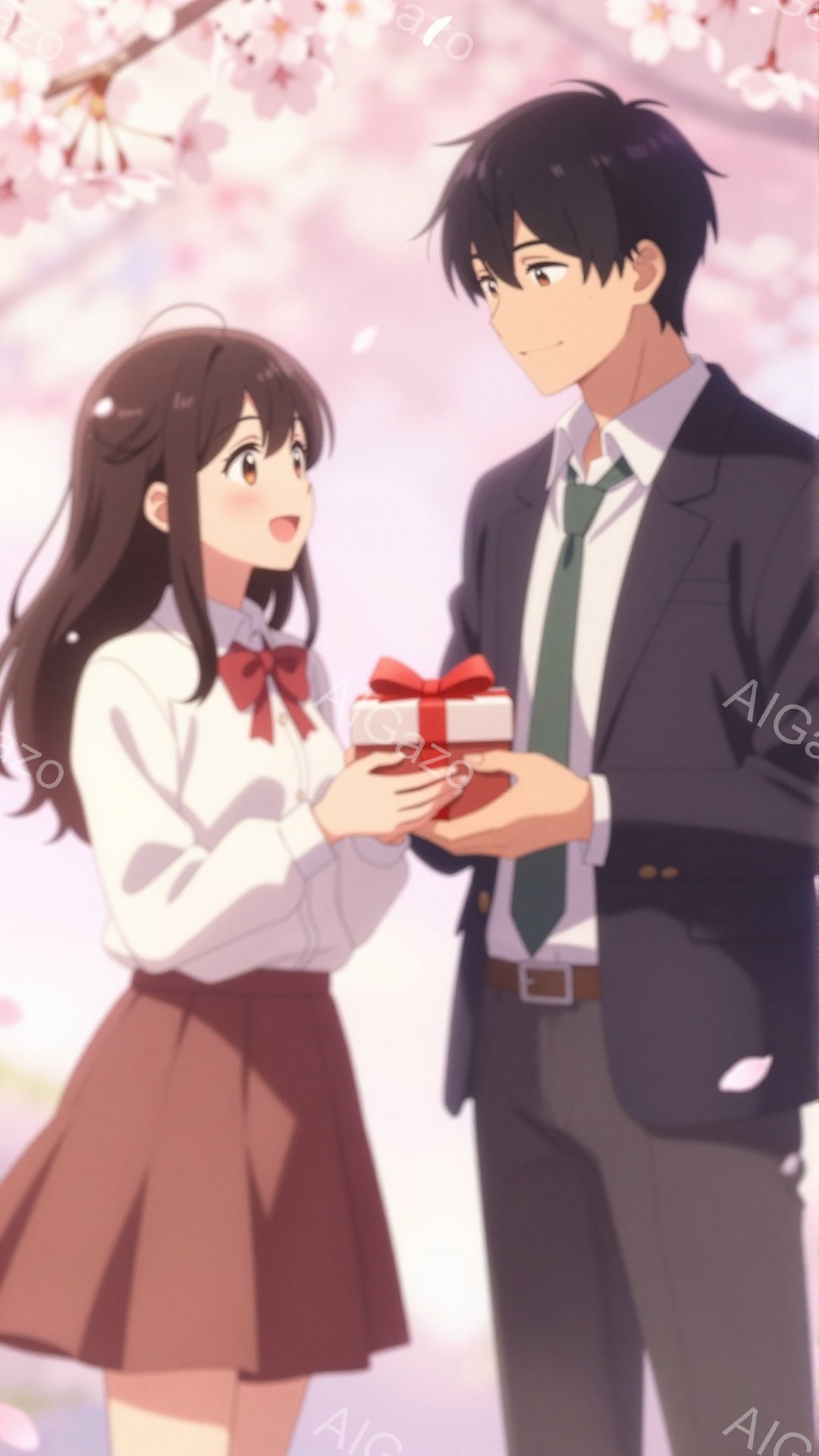 長い黒髪を肩まで垂らした少女が、赤いリボンを付けた白いブラウスと茶色のスカートを着ています。彼女は微笑み、プレゼントの箱を少年へと差し出しています。少年は黒髪で、紺色のスーツに緑色のネクタイを締めており、少し照れた表情でプレゼントを受け取っています。背景は桜の花びらが舞う春の風景で、柔らかい光に包まれています。