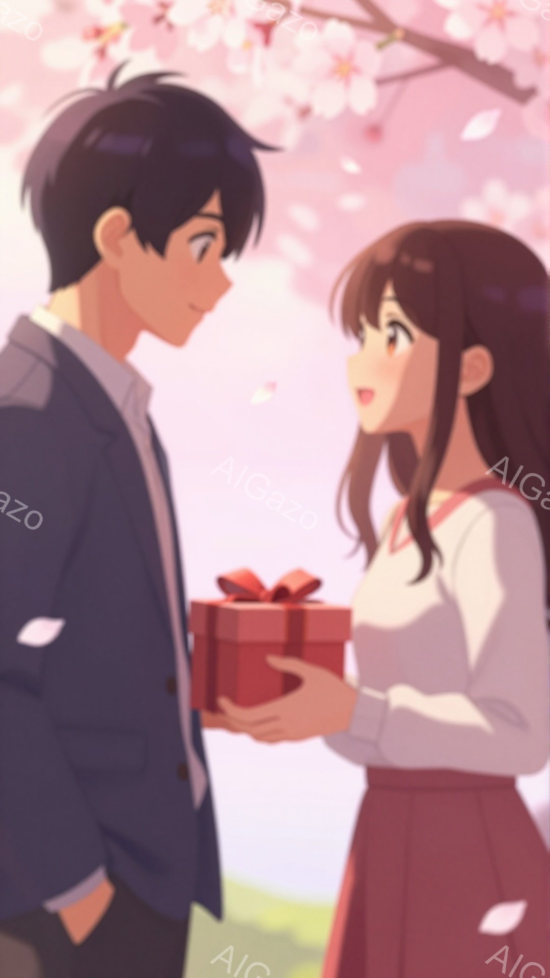 画像には、桜の花びらが舞う中で、若い男女が描かれています。 少年は紺色のジャケットに白いシャツ姿で、少し微笑んでいます。少女は赤いスカートと白いセーターを着て、赤いリボンがついた箱を少年に差し出しており、顔は幸せそうに輝いています。
