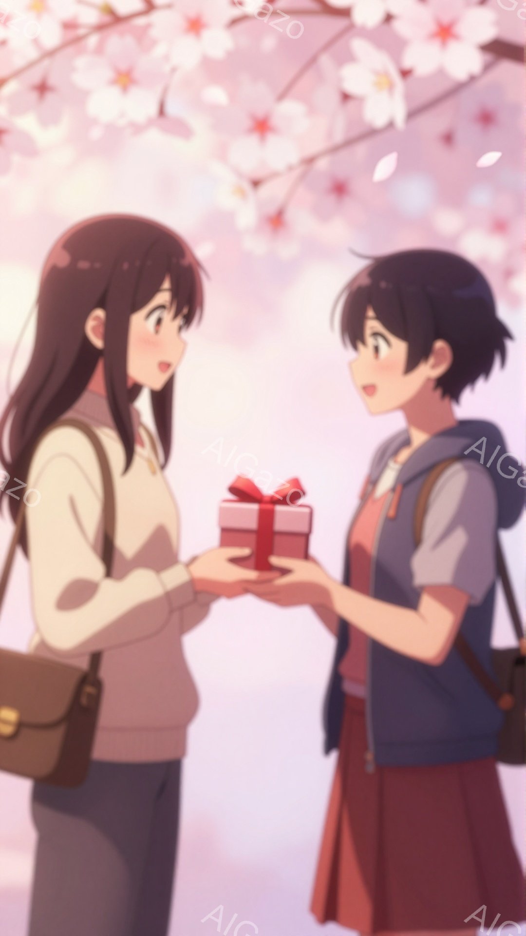 長い黒髪の少女が、ピンク色のリボンで飾られた小さな赤い箱を、短髪の少女に差し出している。お互いに微笑み、優しい表情をしている。背景には桜の花びらが舞い、春らしい柔らかな雰囲気で、まるで恋愛映画のワンシーンのようだ。