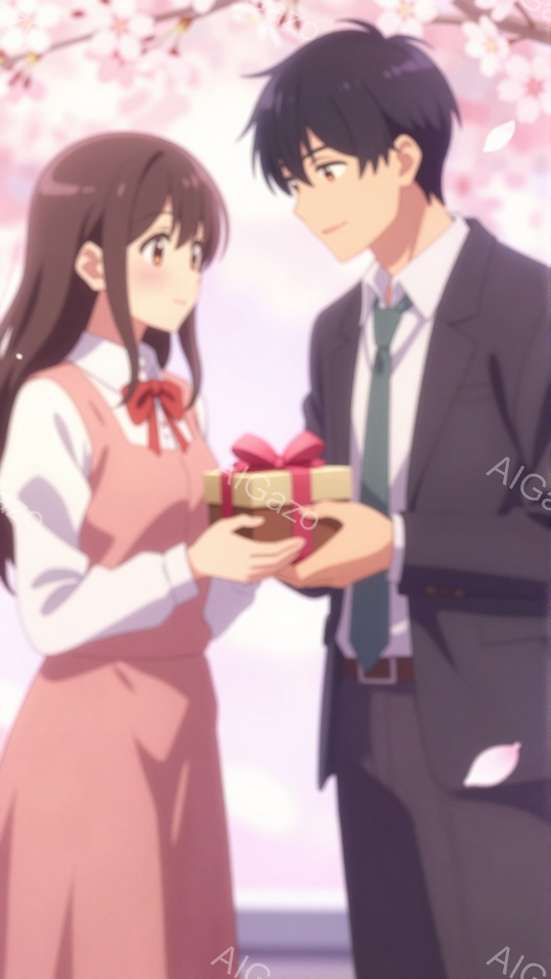 画像には、桜の花びらが舞う中、若い男女が描かれています。女性はピンク色のワンピースに白いブラウス、茶色の髪を長く下ろしており、プレゼントの赤い箱を受け取ろうとしています。男性は黒いスーツに緑色のネクタイを締め、少し照れくさそうな表情でプレゼントを差し出しています。