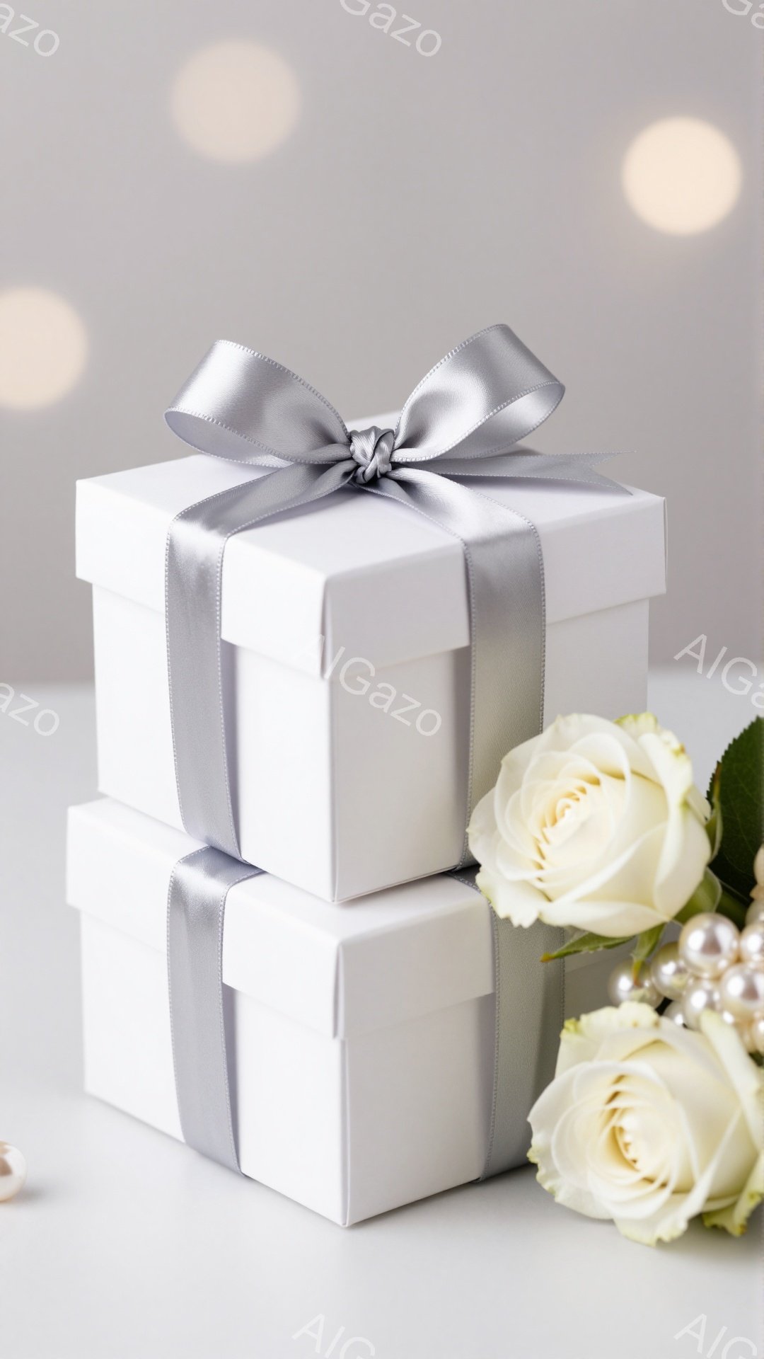白いギフトボックスが二つ積み重ねられており、グレーのリボンで上品に飾られています。ボックスの隣には、白バラとパールが添えられ、柔らかくロマンチックな雰囲気を醸し出しています。背景は淡いグレーで、ぼやけた光の粒子がアクセントとなり、洗練された印象を与えます。