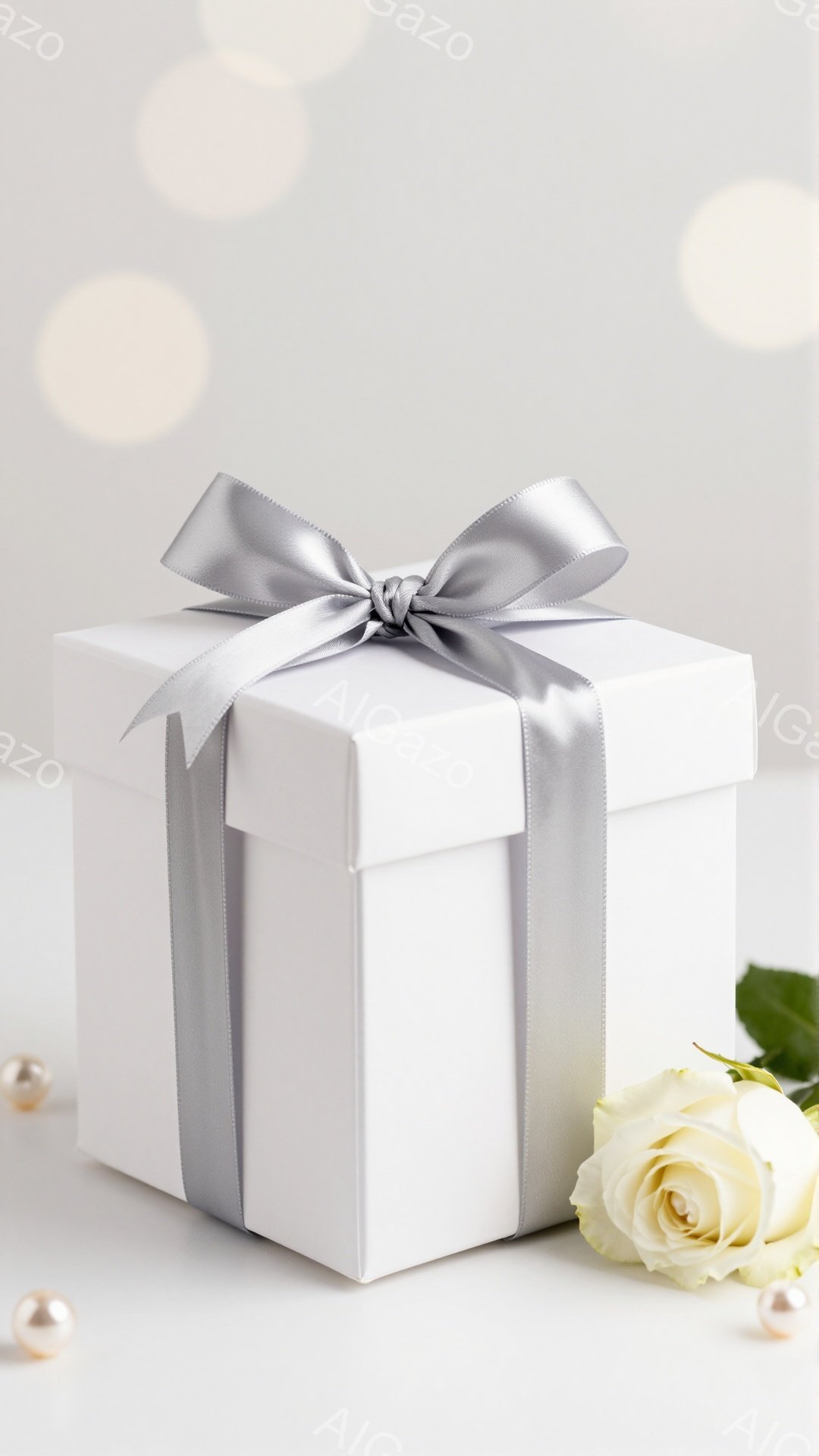 白いギフトボックスが画面中央に配置され、銀色のリボンで上品に飾られています。ボックスの右隣には、白く美しいバラが咲き誇り、周囲には小さな真珠が散りばめられています。背景はぼやけた光のぼかしで、優雅でロマンチックな雰囲気を醸し出しています。