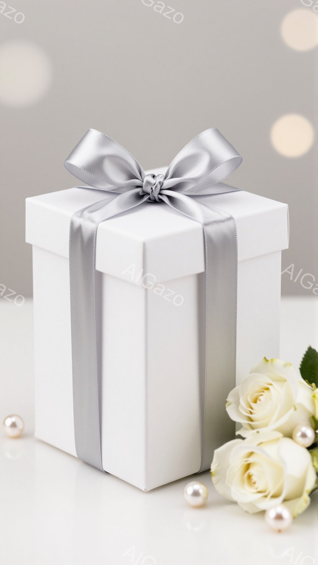 白いギフトボックスが、グレーのリボンで上品に飾られています。箱の隣には、白バラの花束と、真珠が散りばめられており、優雅でロマンチックな雰囲気を醸し出しています。背景は淡いグレーで、柔らかい光が当たっていることから、お祝いの場面や特別な日の贈り物として捉えられます。