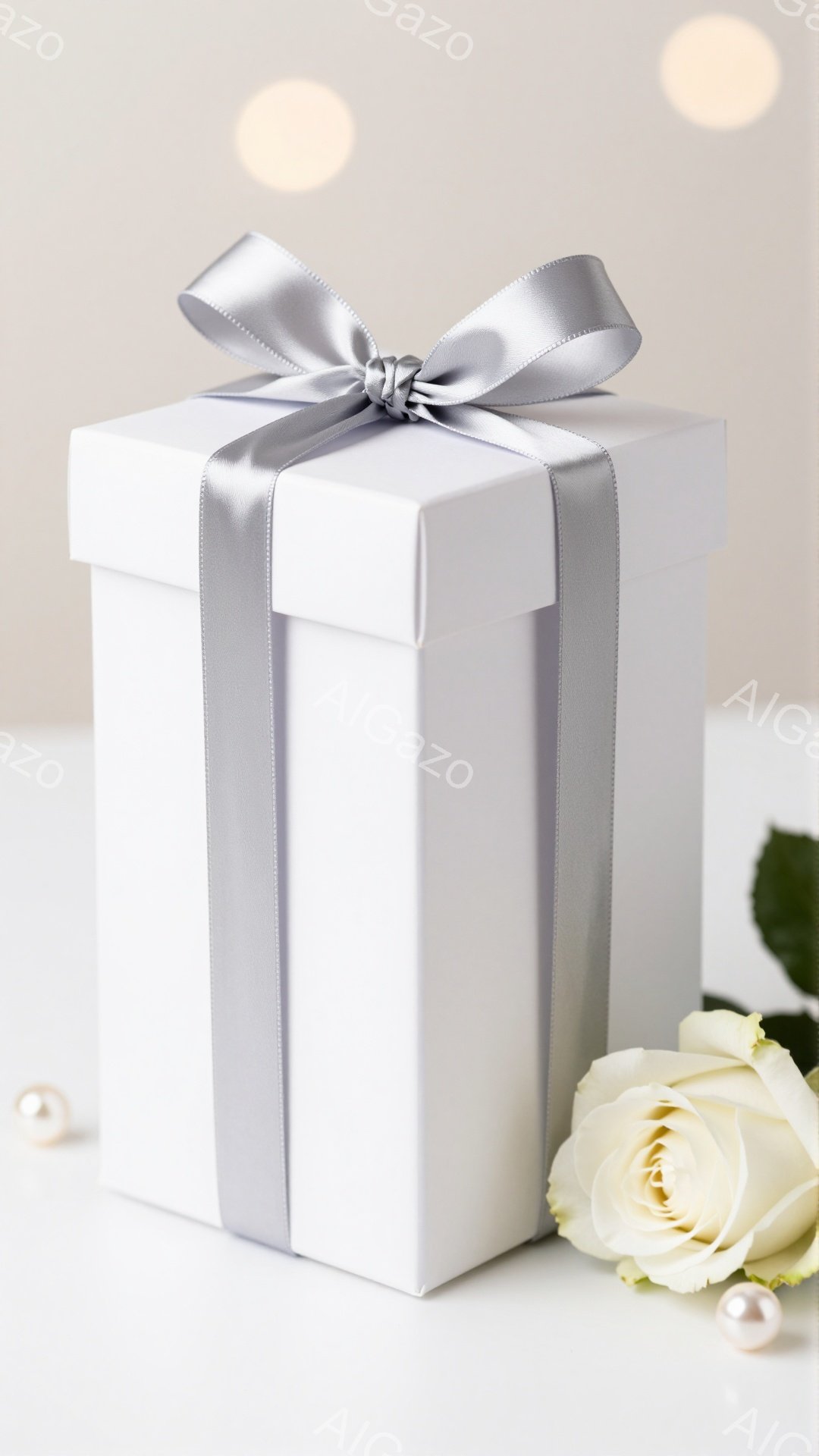 白いギフトボックスが、グレーのリボンで上品にラッピングされ、光沢のある表面が印象的です。箱の隣には、開花し始めた白いバラと真珠が置かれ、エレガントな雰囲気を醸し出しています。背景はぼやけた淡い色合いで、ギフトとバラが際立っています。