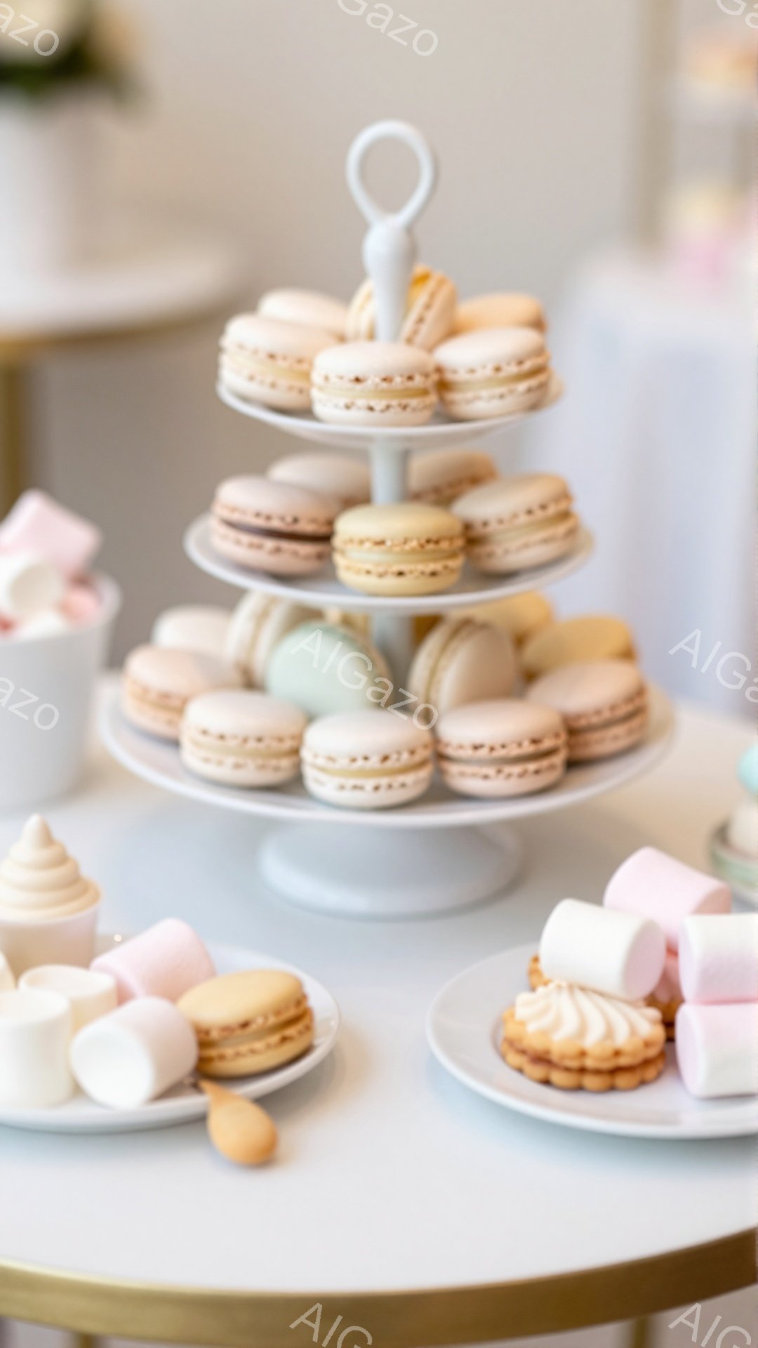 白い円形のテーブルの上に、マカロンが並んだ三段重ねのケーキスタンドと、マシュマロとクッキーが置かれた皿が写っています。パステルカラーのマカロンは繊細で、甘いお菓子の世界観を演出しています。背景にはぼや - AI生成フリー素材