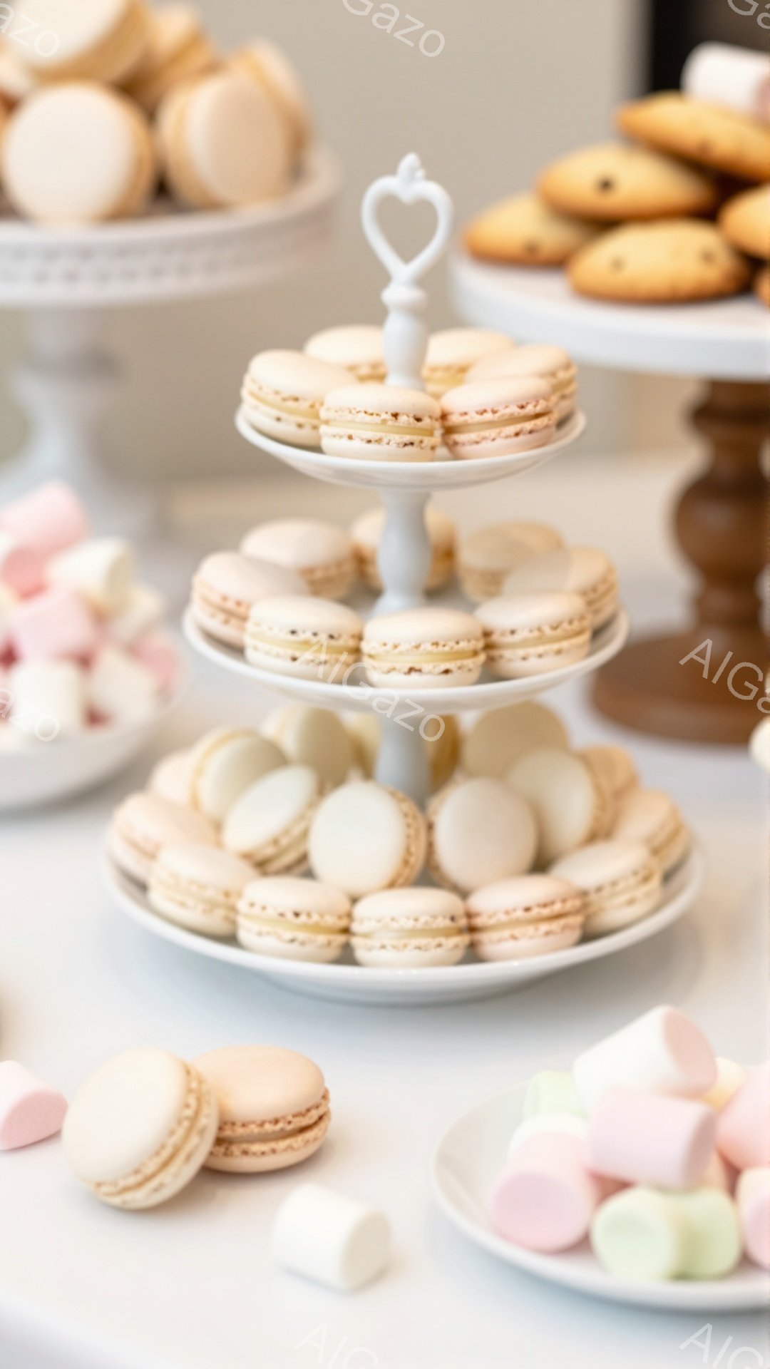 白いテーブルの上に、マカロンを積み重ねた3段のケーキスタンドが置かれています。淡いピンク、クリーム、白のマカロンが美しく並び、背景にはクッキーとマシュマロのお皿が見えます。全体的に、甘くて優しい、お菓子を中心とした穏やかな雰囲気が漂っています。