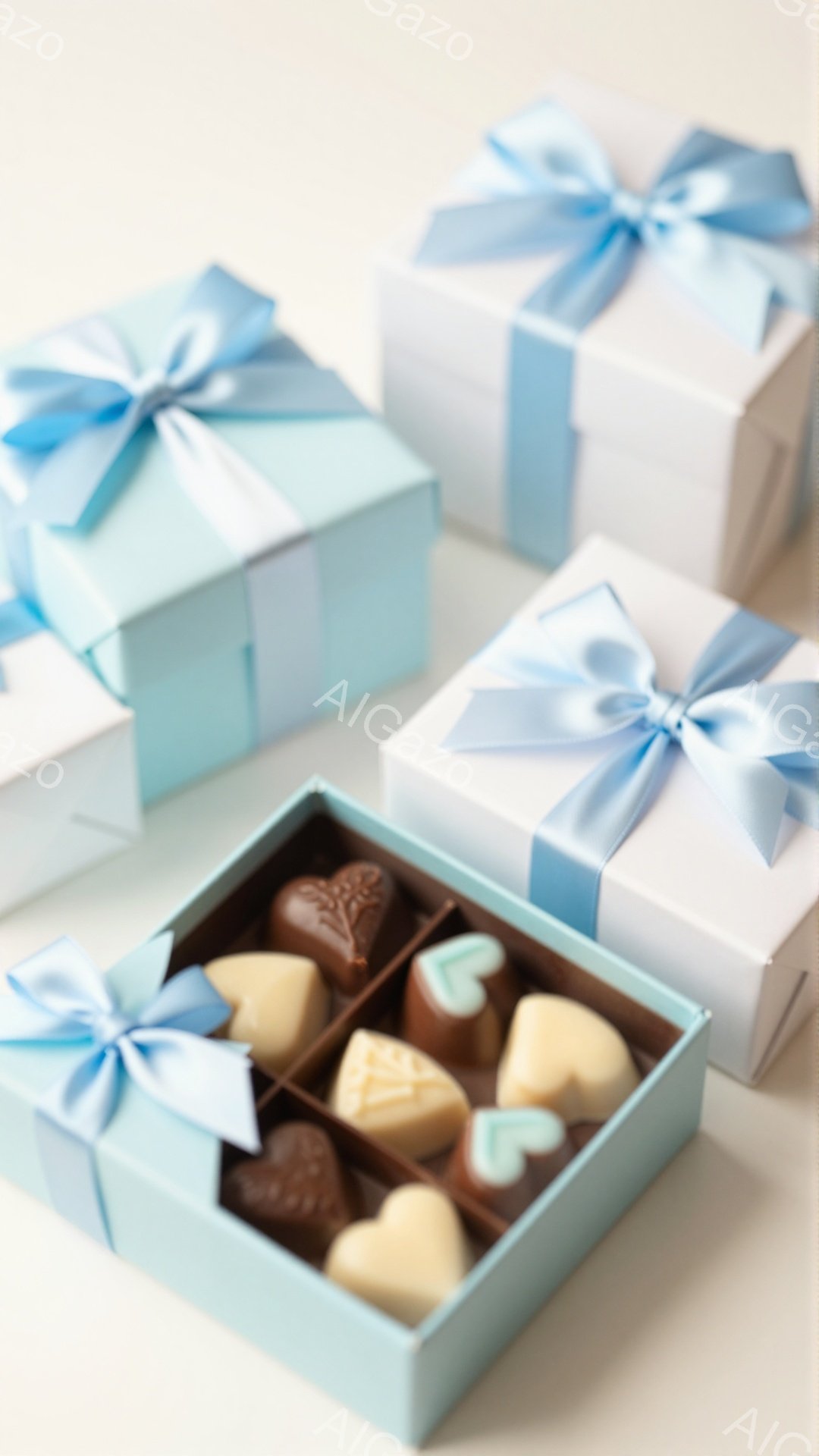 白と水色のギフトボックスが並び、そのうちの一つはチョコレートで埋められています。チョコレートはハート形や四角形など様々な形をしており、ミルクチョコレートとホワイトチョコレートの色合いです。背景は明るいベージュ色で、全体的に柔らかく、お祝いの雰囲気が漂っています。