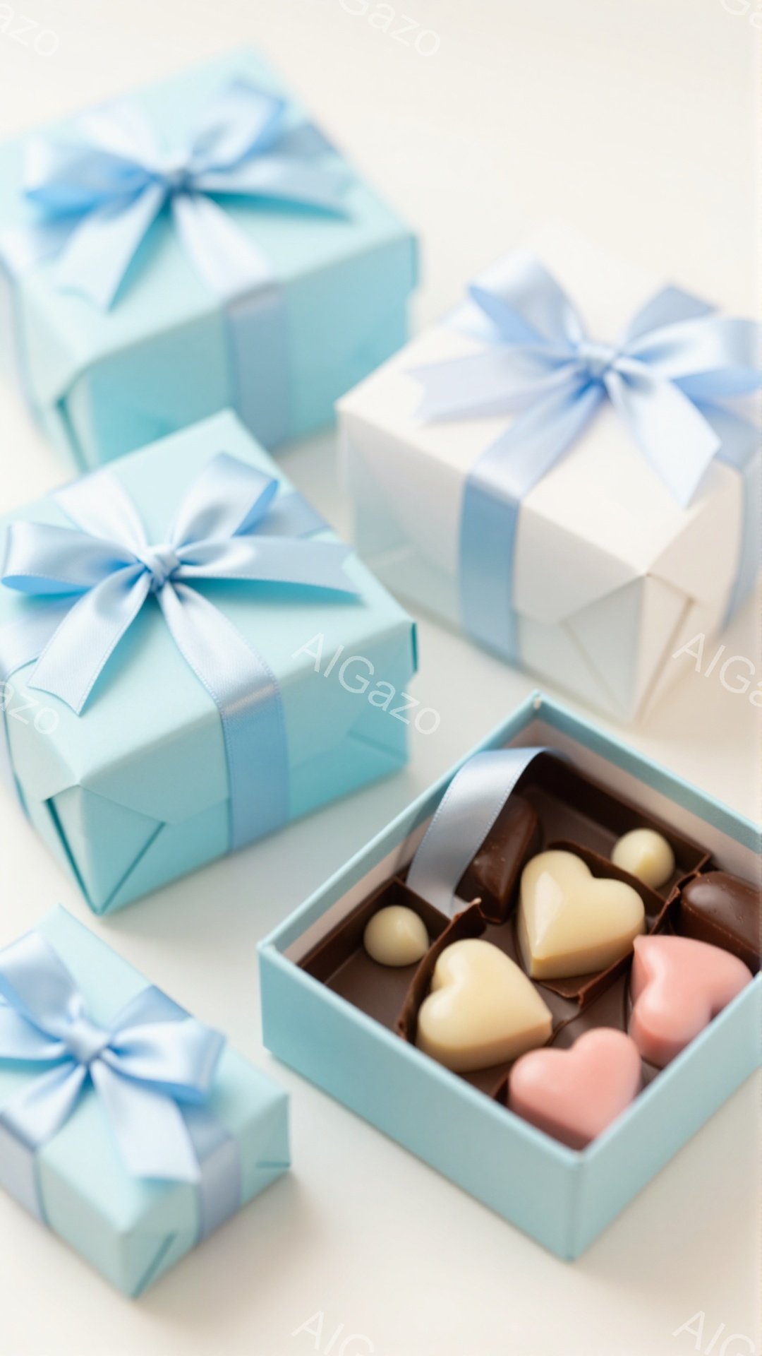 ターコイズブルーと白のギフトボックスが並べられており、それぞれに水色のリボンが結ばれています。 一つの箱は開いており、ハート型のチョコレートがカラフルに並んでいる様子が確認できます。 背景は白で、全体 - AI生成フリー素材