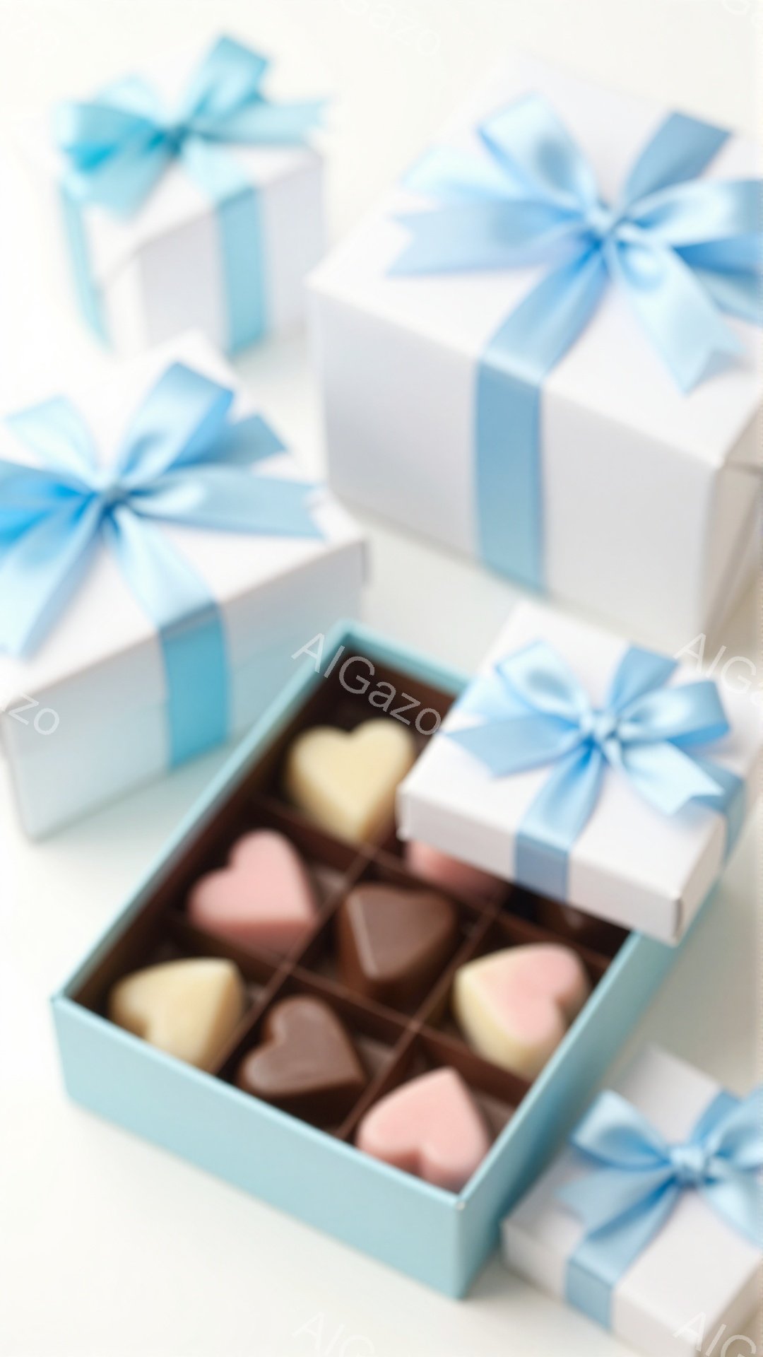 白いギフトボックスが3つと、開いたチョコレートの箱が写っています。チョコレートは様々な色合いのハート型で、箱は水色です。ギフトボックスは明るい青いリボンで飾られ、背景は白でシンプルで清潔な印象を与えま - AI生成フリー素材