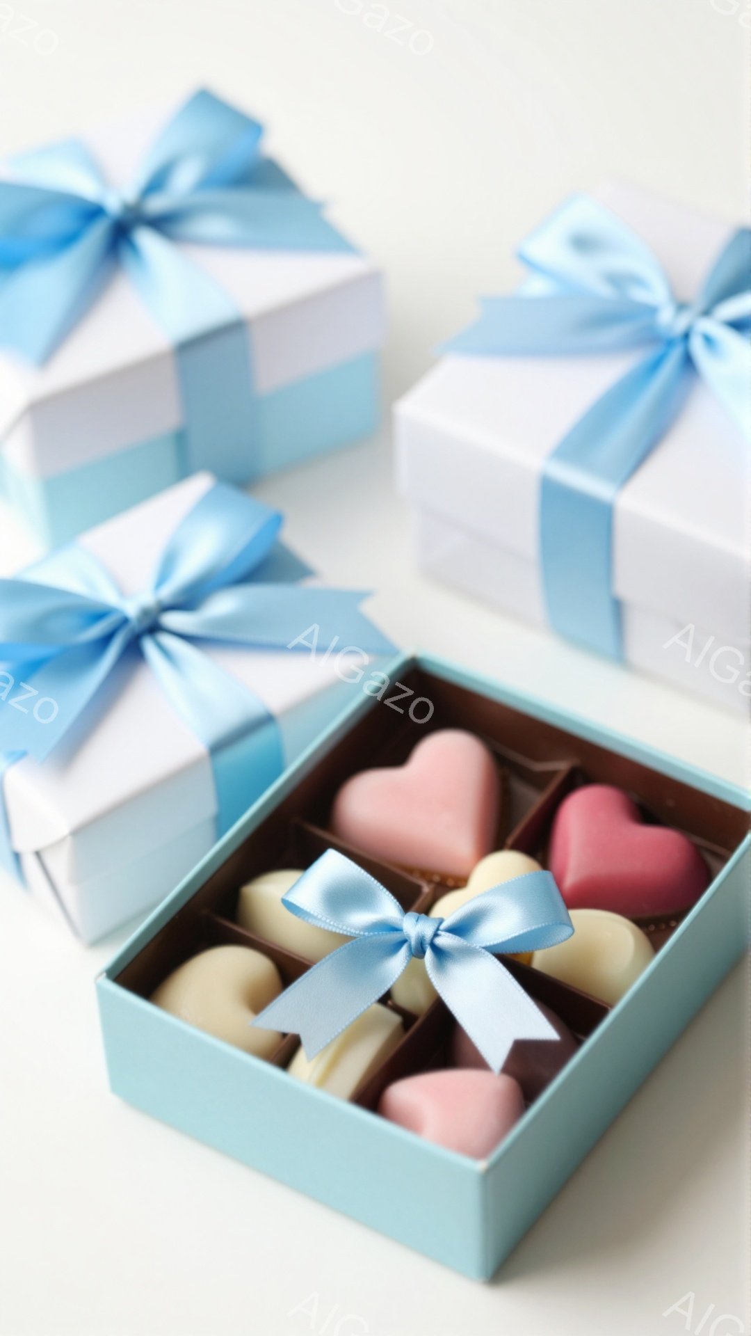 淡い水色の箱の中に、さまざまな色のハート型のチョコレートが並んでいます。箱はリボンで飾られており、同じ箱が背景にいくつか積まれています。全体的に柔らかい色合いで、バレンタインデーや贈り物といった温かい雰囲気を醸し出しています。
