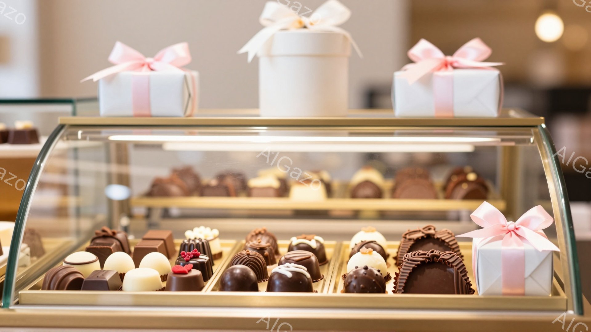 ショーケースの中には、様々な種類のチョコレートが整然と並べられています。茶色、白、そして赤色のアクセントが、それぞれ異なるチョコレートの個性を引き立てています。背景には、リボンで飾られた白いギフトボックスが置かれ、上品で洗練された雰囲気を醸し出しています。