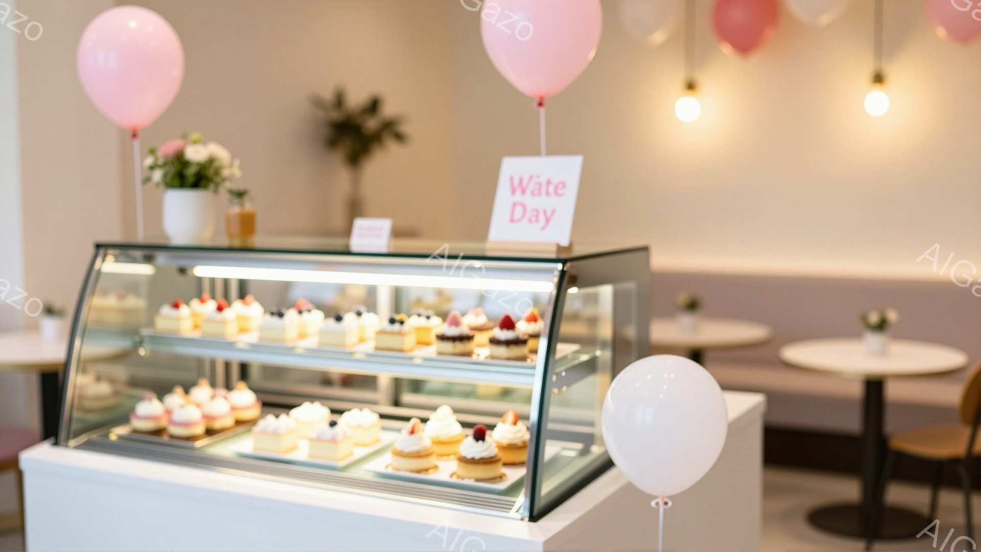 白を基調としたケーキ屋内の様子で、ショーケースには色とりどりの可愛らしいケーキが並べられています。背景には丸いテーブルと椅子が配置され、天井からは電球が吊り下げられており、優しい光が店内に広がっています。ピンクと白の風船が飾り付けられ、お祝いムードを演出しています。