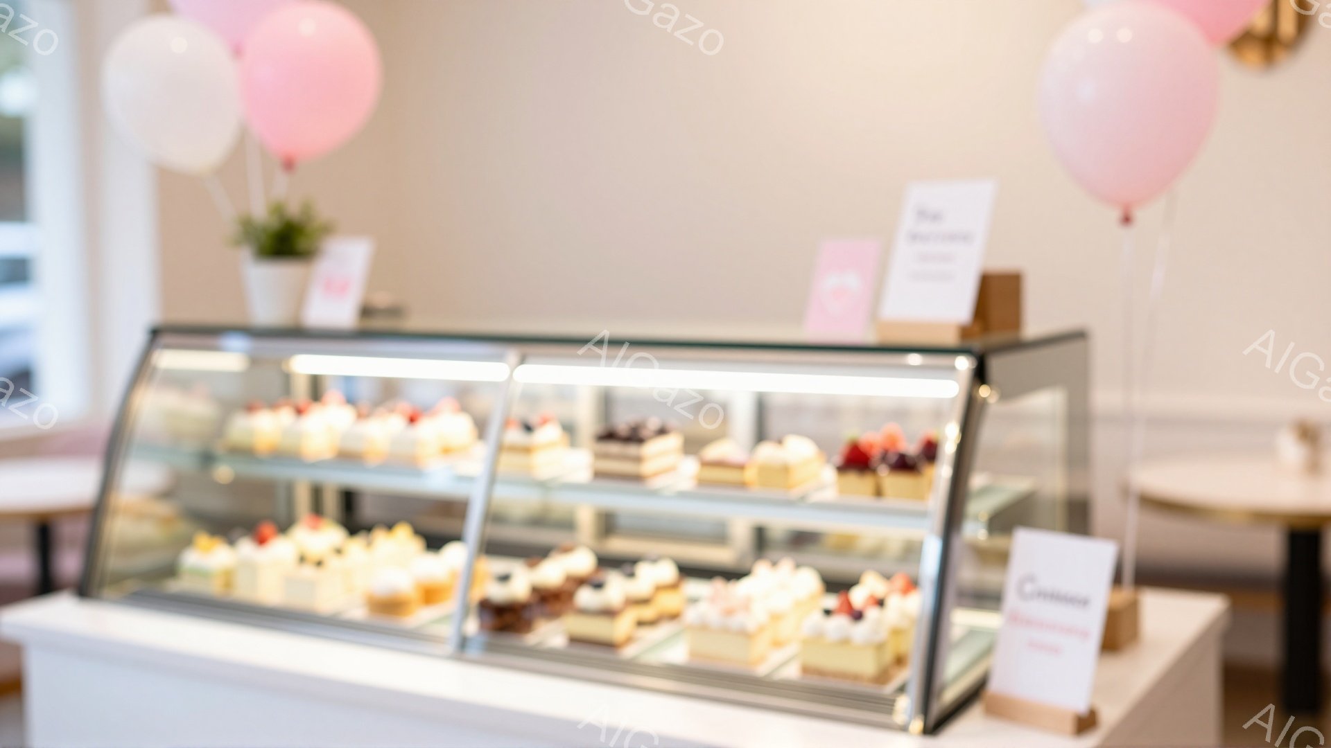 店内には、色とりどりのケーキが並んだショーケースが置かれています。ショーケースの上には、ピンク色の風船や小さな植物が飾られ、明るく華やかな雰囲気を演出しています。背景にはテーブルと椅子が見え、カフェや - AI生成フリー素材