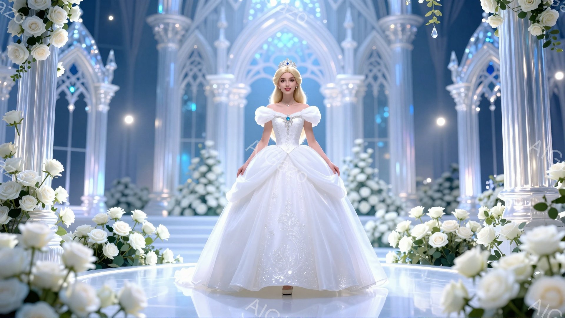 白い豪華なウェディングドレスを着た女性が、白いバラで飾られた教会の前で立っています。彼女はブロンドの髪をアップにし、ティアラをつけて微笑んでいます。背景には、ゴシック様式の高いアーチ窓と、さらに多くの白いバラが配置され、夢のような雰囲気を作り出しています。