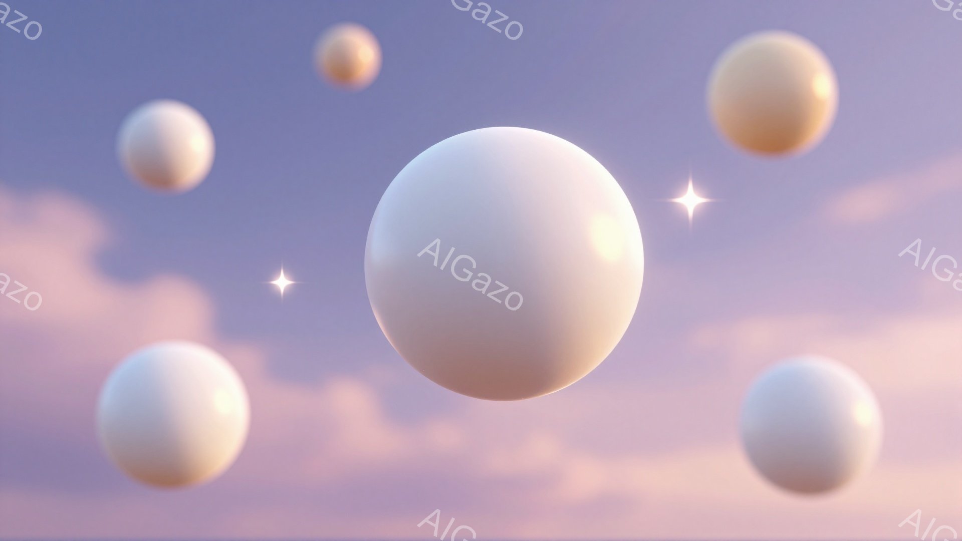 空には、淡いピンクと紫色のグラデーションが広がっており、ふわふわとした雲が浮かんでいます。その中で、光沢のある白い球体が複数個、まるで風船のように空中に漂っています。全体的に柔らかく、夢幻的な雰囲気で、どこか静寂と安らぎを感じさせます。