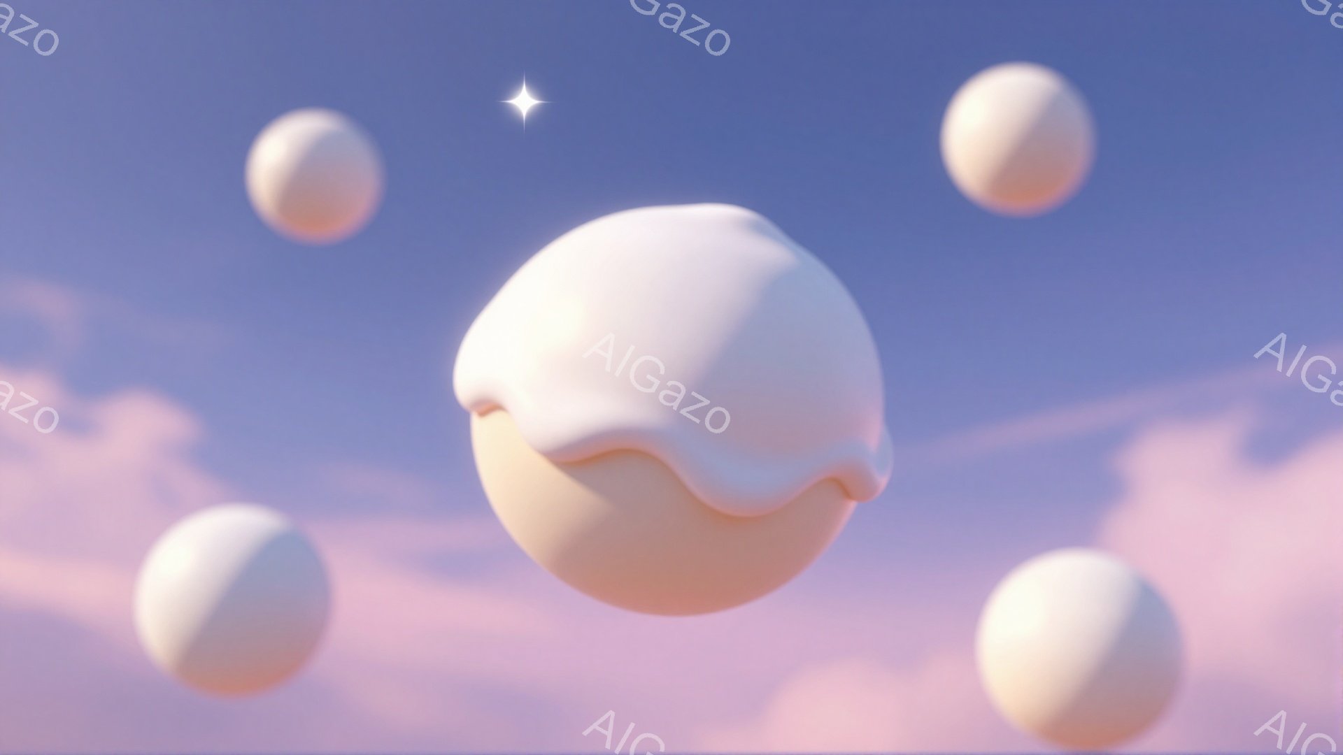 空を背景に、クリームがかかったような、丸いオブジェクトが複数浮かんでいます。淡いピンクと紫のグラデーションが美しく、全体的に柔らかく夢幻的な雰囲気を醸し出しています。オブジェクトはまるで空に浮かぶ惑星や、甘いお菓子のようです。