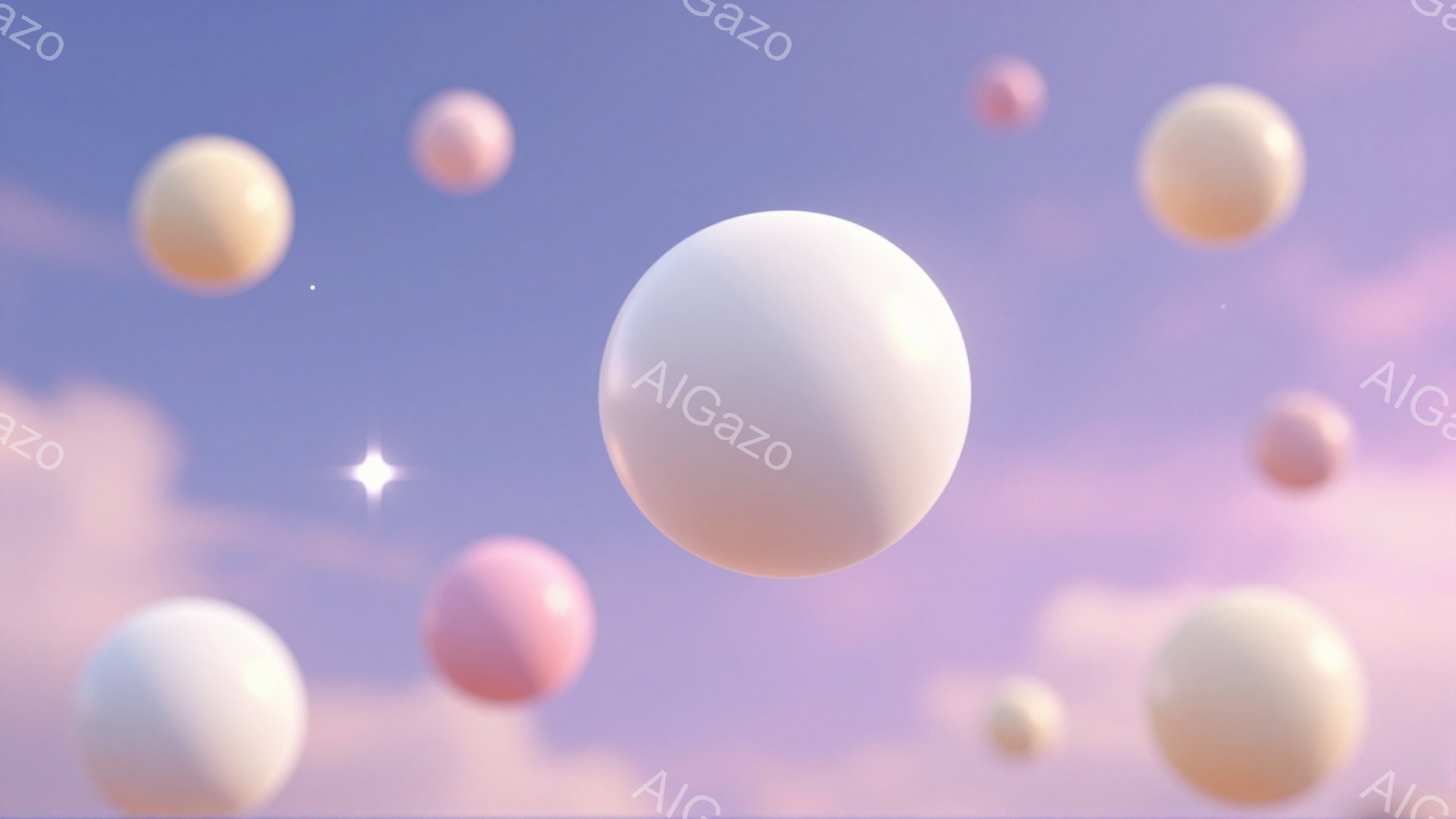 淡いピンクと紫色の空に、様々な大きさの光沢のある球体が浮かんでいます。球体は白、薄いピンク、薄い黄色の色をしており、柔らかく夢のような雰囲気を醸し出しています。背景は雲のような淡い色合いで、光が球体に反射し、幻想的な光景を作り出しています。