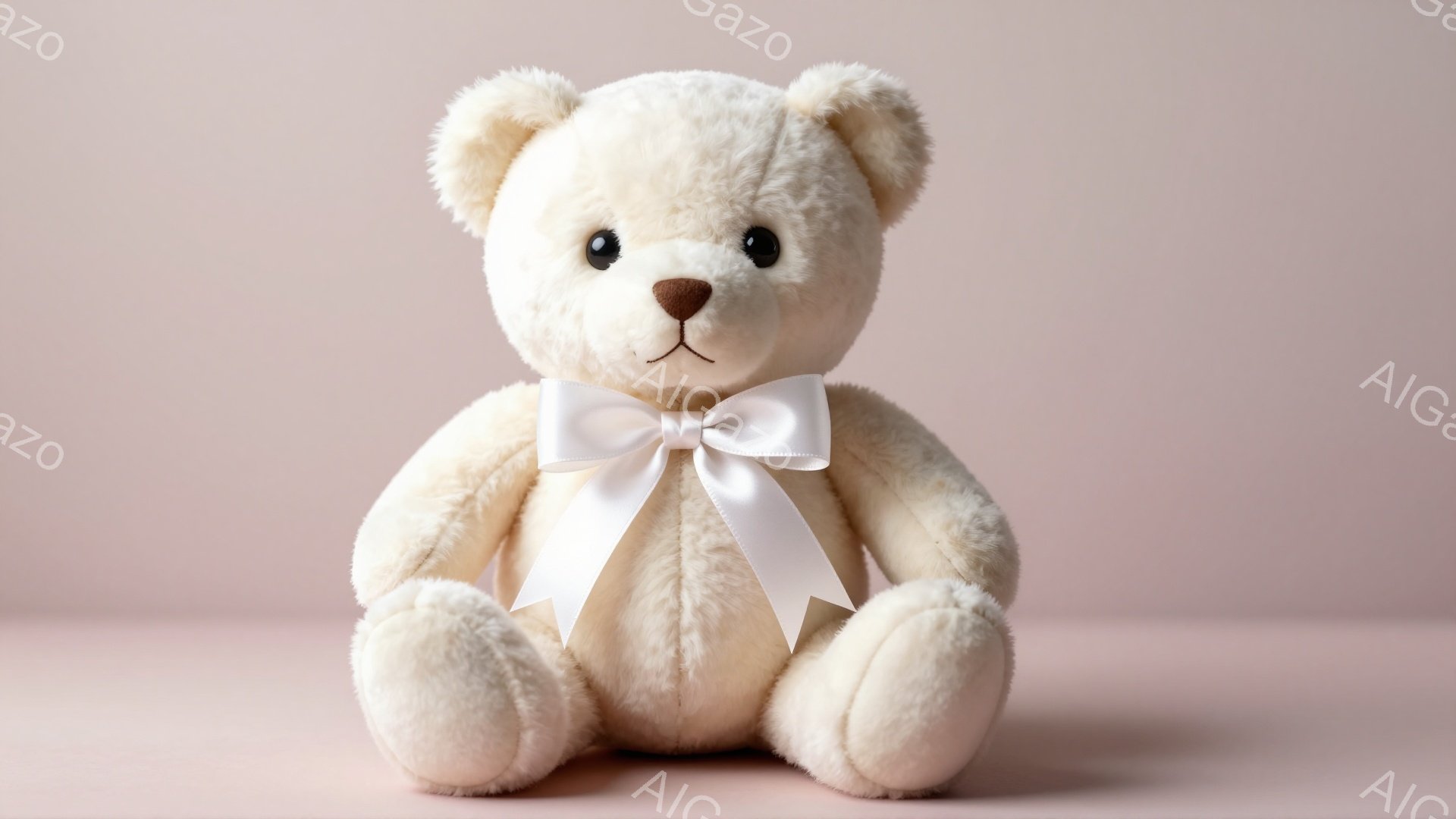 クリーム色のテディベアが、薄いピンク色の背景を前に座っています。首には白いリボンが結ばれており、つぶらな瞳と小さな鼻が愛らしい表情を作り出しています。 全体的に柔らかく、温かい雰囲気の画像です。