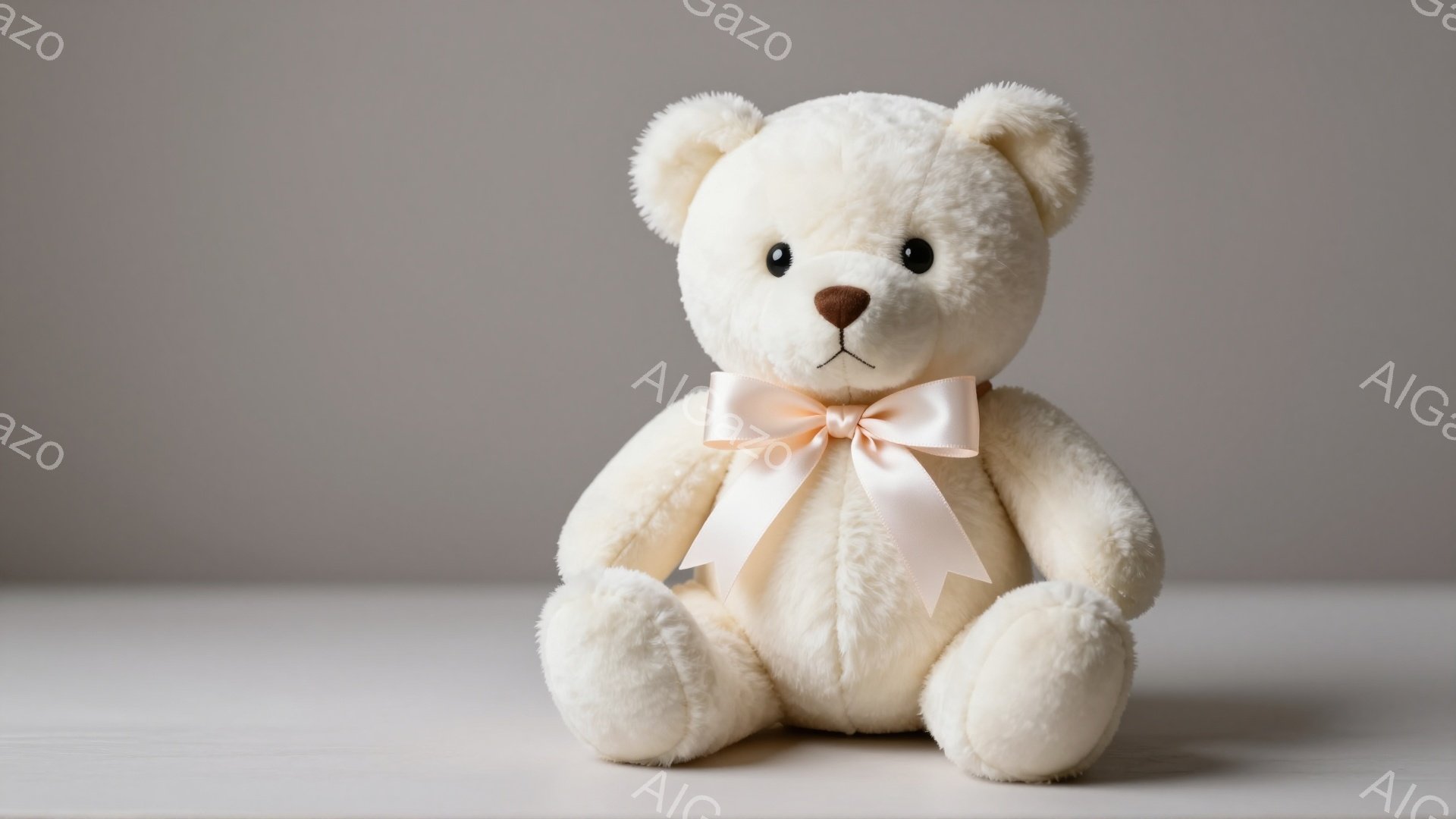 白いテディベアが、薄いピンクのリボンで首元を飾られています。ベアは座っており、つぶらな黒い目が愛らしい表情をしています。背景は明るいグレーで、全体的に穏やかで優しい雰囲気です。