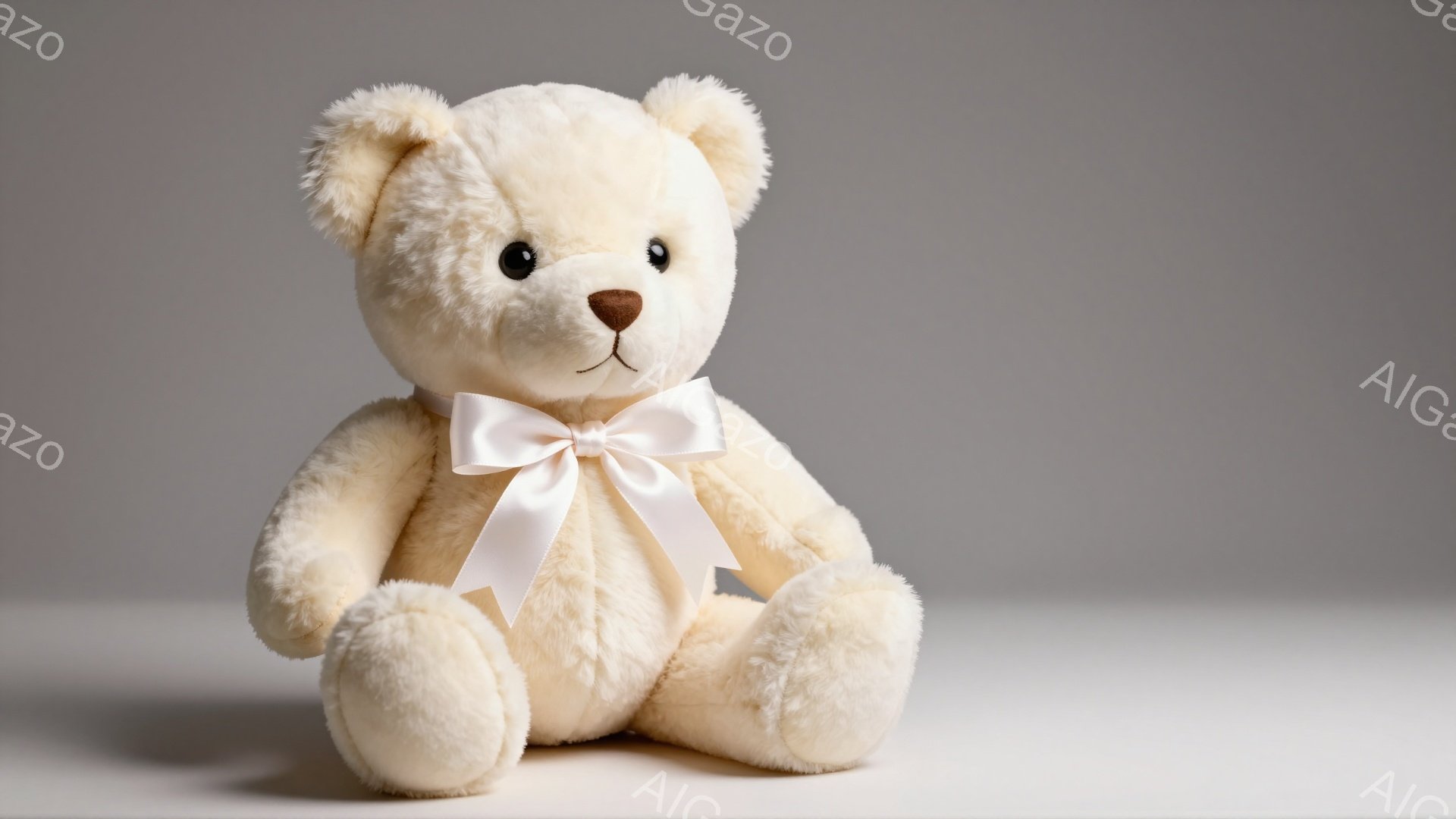 クリーム色のふわふわのテディベアが、白いリボンをつけて座っています。ベアは丸い茶色の目が特徴で、優しく穏やかな表情をしています。背景はグレーでシンプルで、ベアが際立っています。