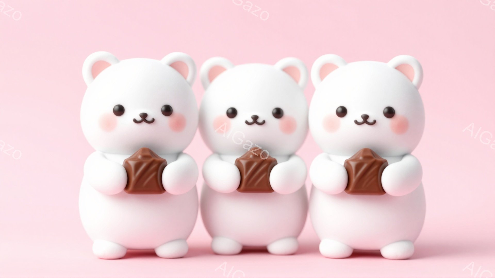 白くて丸いクマのぬいぐるみが3匹、ピンク色の背景に並んで立っています。それぞれ茶色いチョコレートを両手で抱きしめており、頬はほんのり赤く、愛らしい表情をしています。全体的に柔らかく、温かい雰囲気です。