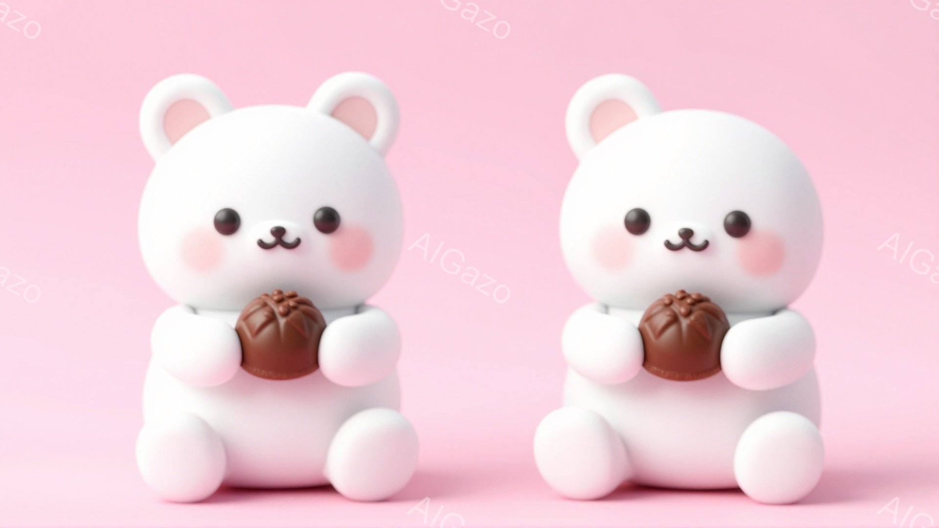 白くて丸いクマのキャラクターが、ピンク色の背景に座っています。クマは両手にチョコレートのようなものを抱えており、可愛らしい表情をしています。 全体的に柔らかく、温かい雰囲気です。