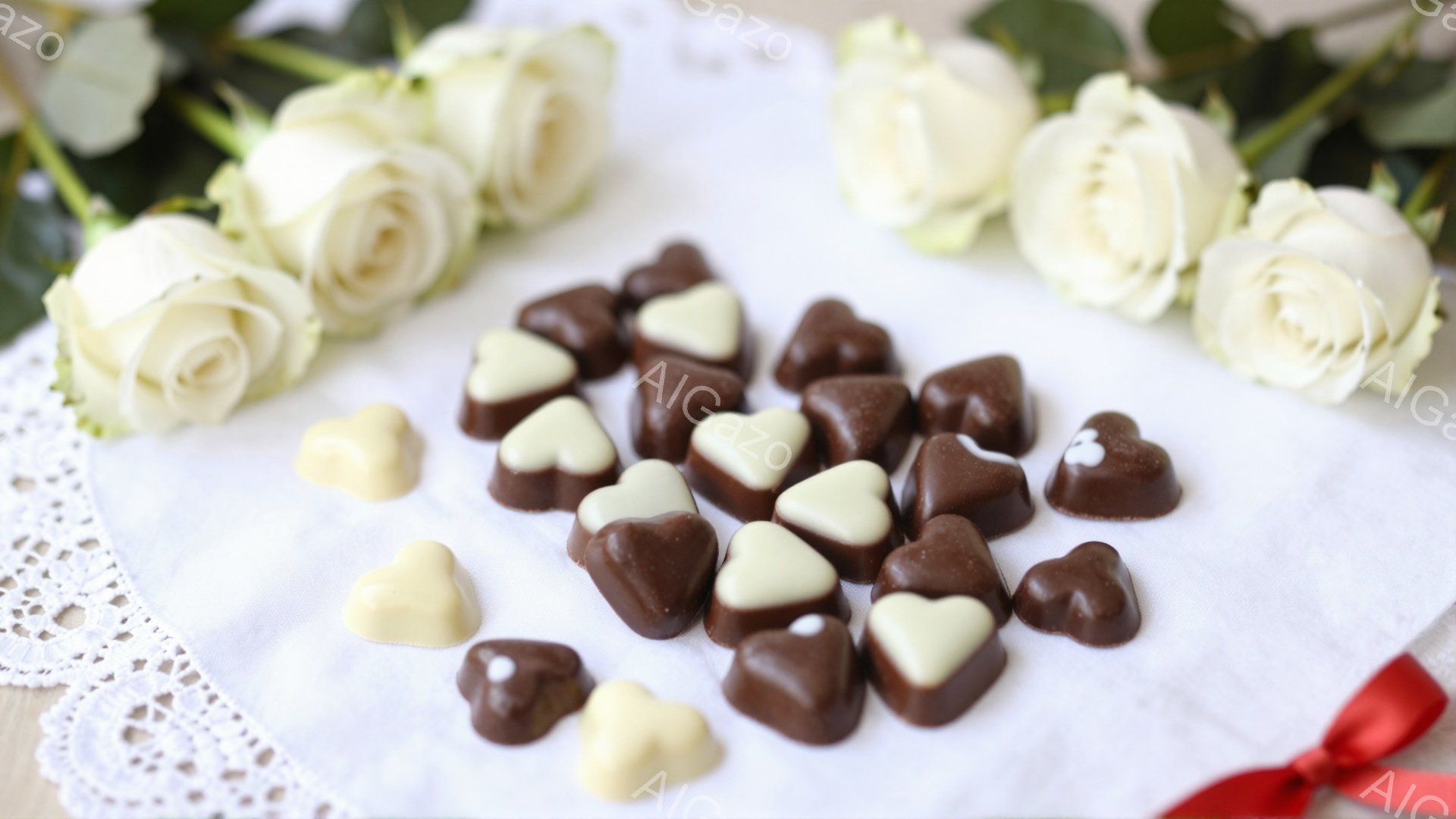 白いバラとチョコレートが白いレースの布の上に置かれています。チョコレートはハート型で、ミルクチョコレートとホワイトチョコレートの2種類があります。背景はぼやけており、暖かくロマンチックな雰囲気です。 - AI生成フリー素材