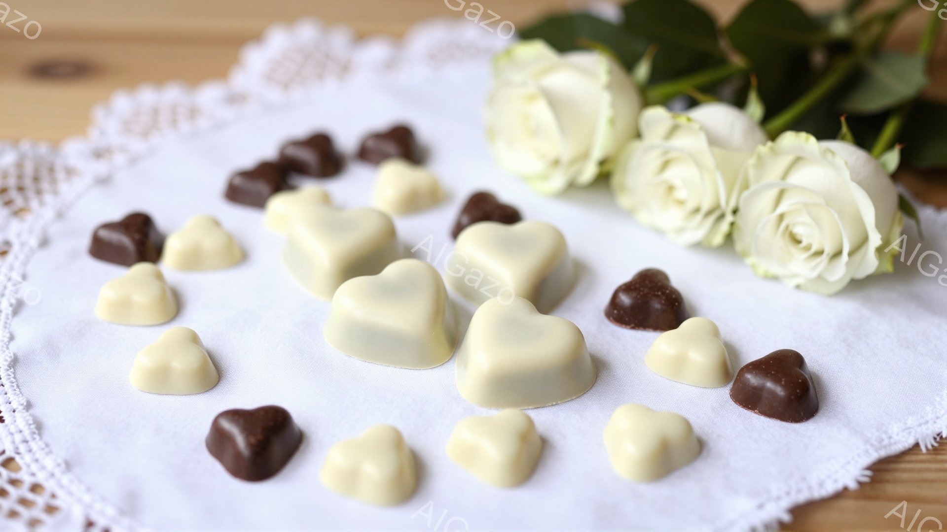 白いレースのドイリーの上に、ハート型のチョコレートが散りばめられています。チョコレートは、ミルクチョコレートとホワイトチョコレートの2種類があり、隣には白バラが添えられています。背景は木製のテーブルで、全体的に柔らかく、ロマンチックな雰囲気が漂っています。