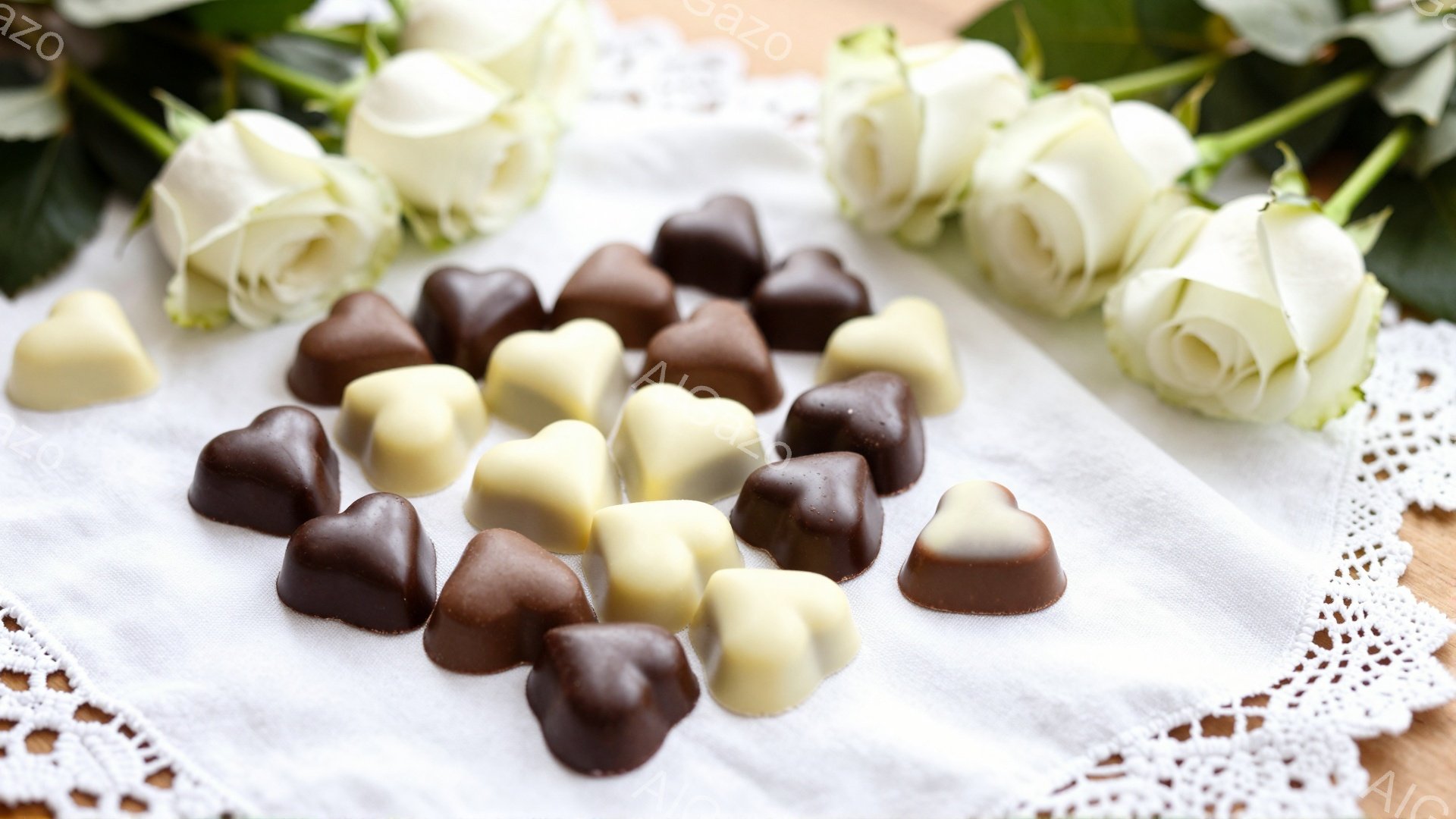 白いレースのドイリーの上に、様々な色のハート型のチョコレートが散りばめられています。左上には白いバラが数輪咲き誇り、背景は木製のテーブルです。全体的に柔らかく、甘い雰囲気が漂い、バレンタインデーや特別 - AI生成フリー素材