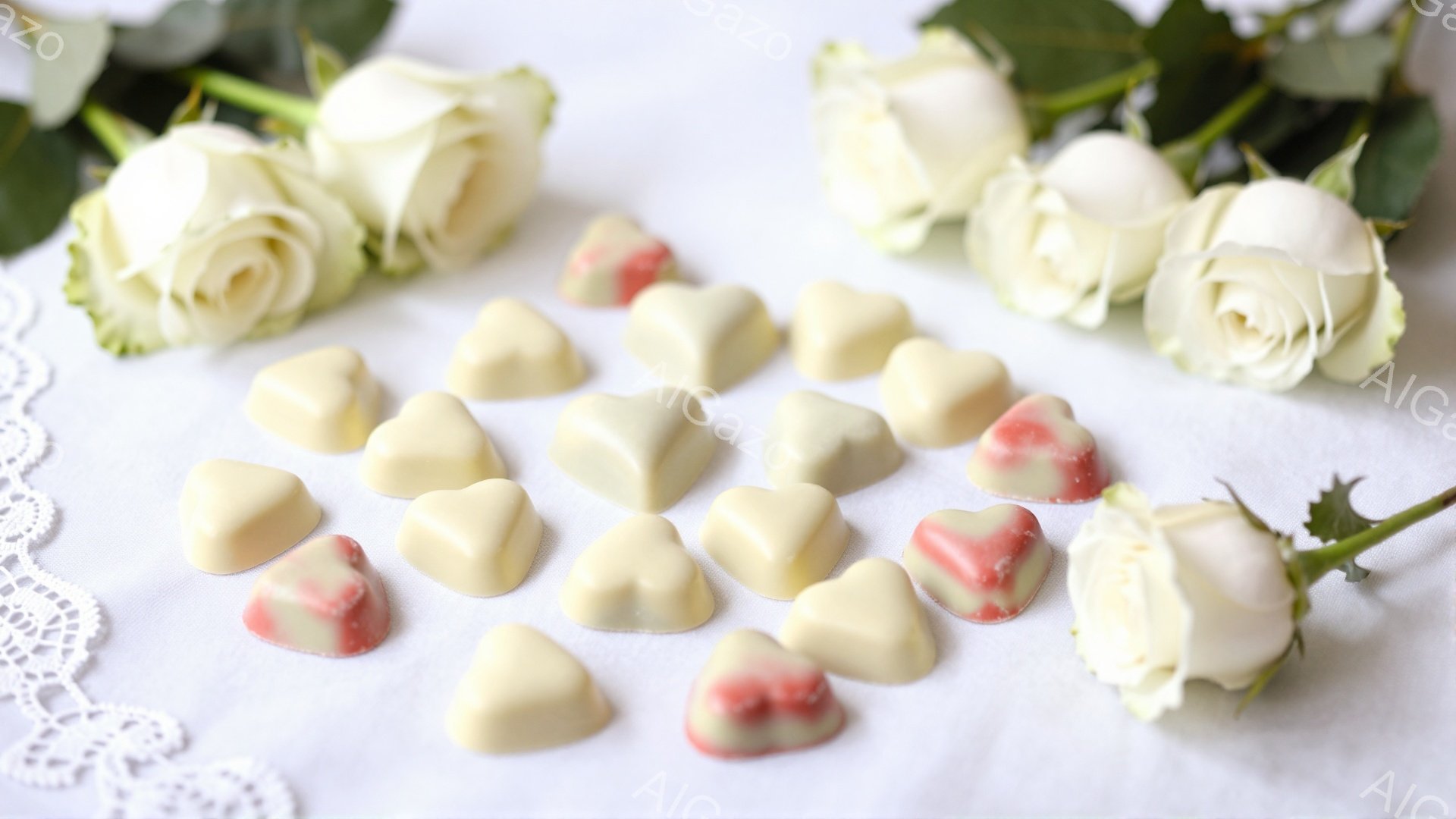 白いレースのテーブルクロスの上に、ハート型のチョコレートと白いバラが散りばめられています。チョコレートはオフホワイト色で、一部に赤いアクセントがあります。バラは蕾が多く、繊細な美しさを感じさせる、ロマンチックで優雅な雰囲気です。
