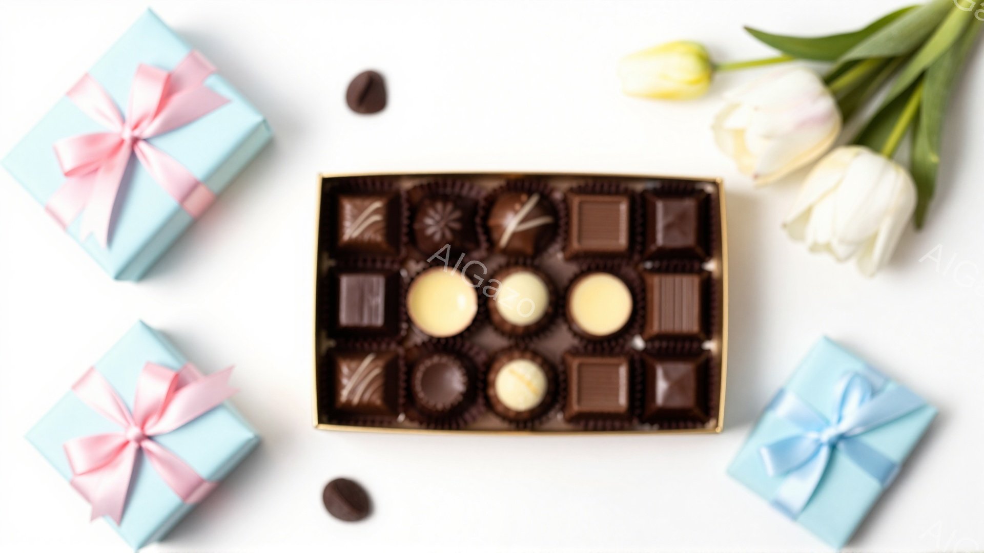 白い背景に、様々なチョコレートが並んだ茶色の箱が中央に置かれています。箱の周りには、水色のリボンで結ばれたギフトボックスと、白とピンクのチューリップの花が配置され、数個のチョコレートが散りばめられています。 全体的に、贈り物や特別な機会を想起させる、華やかで甘い雰囲気です。