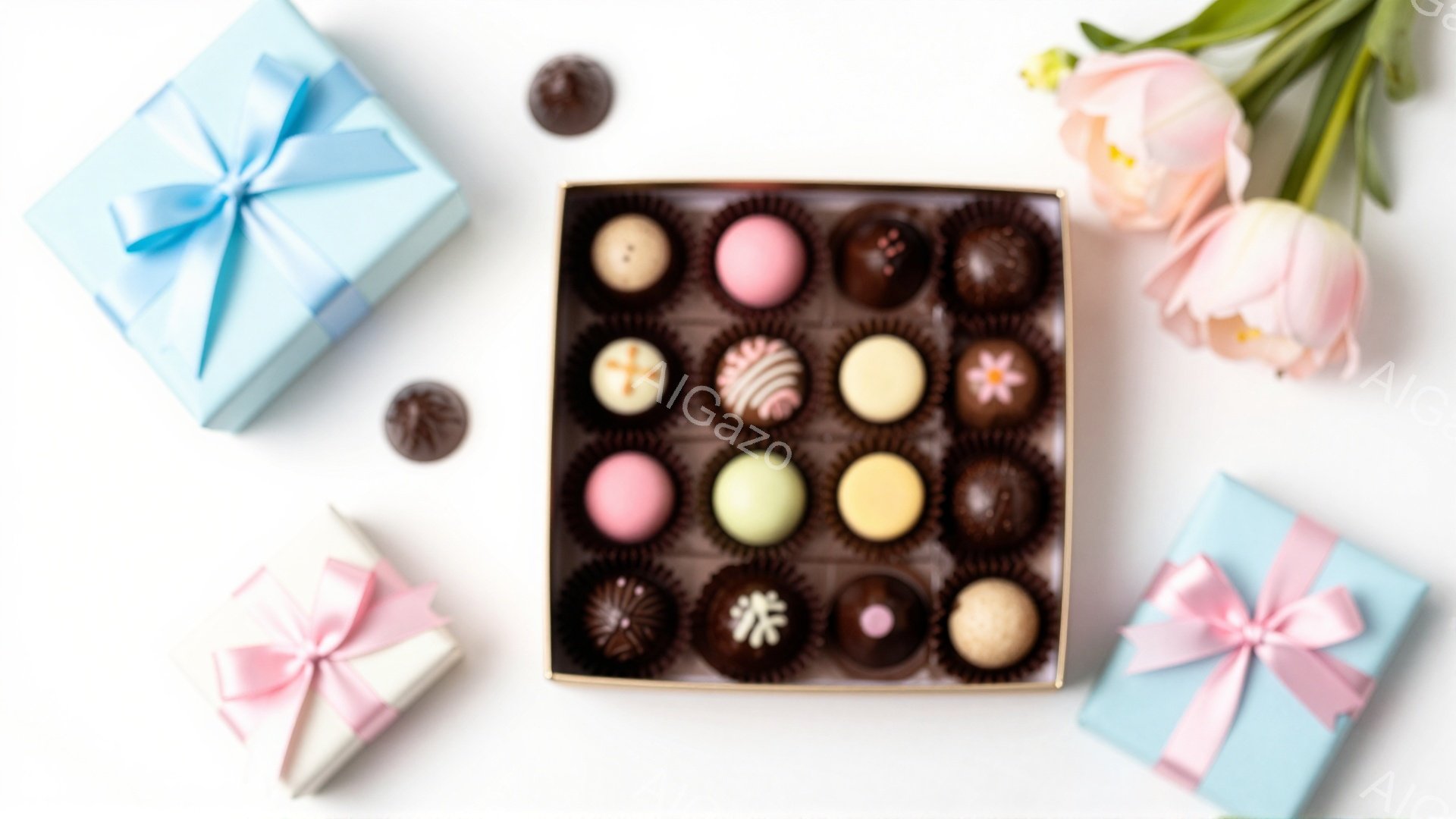 白い背景に、様々な色のチョコレートが敷かれた箱と、リボンで飾られたギフトボックスが配置されています。ピンクと白のチューリップの花も添えられており、全体的にパステルカラーで柔らかく優しい印象を与えます。 - AI生成フリー素材