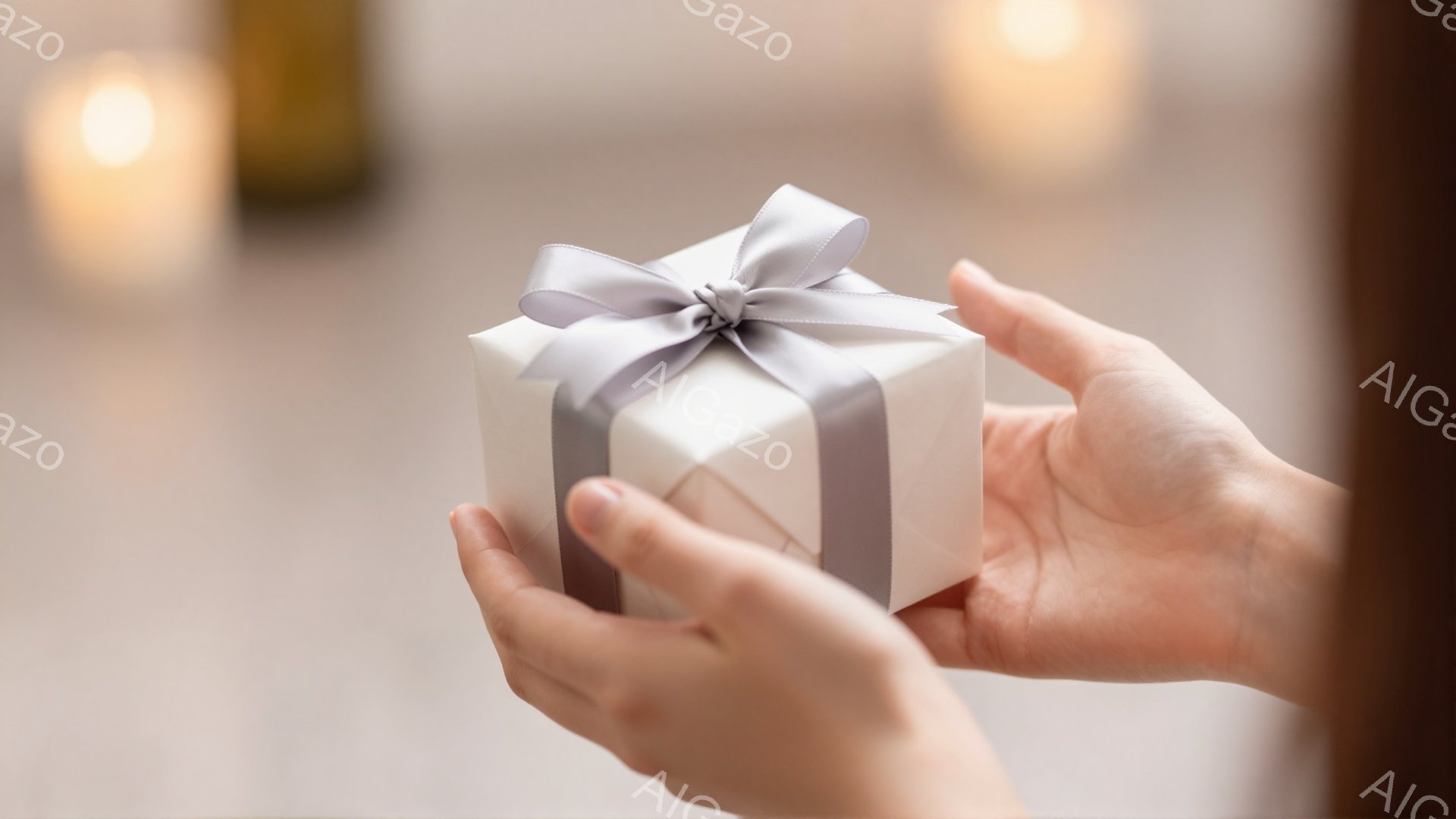 光沢のある白いギフトボックスが、手のひらで優しく支えられています。リボンはグレーで、丁寧に結ばれており、ボックス全体を上品に飾っています。背景はぼやけており、暖かく柔らかな光が差し込み、贈り物の儀式や特別な機会の雰囲気を醸し出しています。