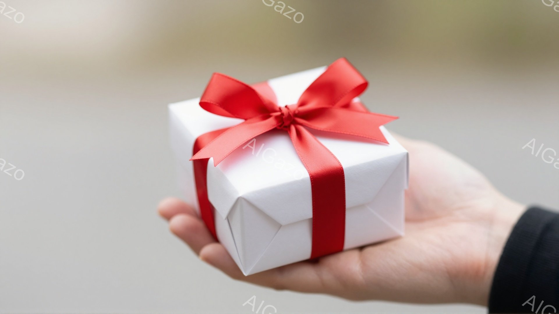 白い箱が赤いリボンで結ばれており、誰かの手のひらに乗せられています。手の持ち主は黒い袖を着ており、背景はぼやけていて自然光が差し込んでいます。全体的に、贈り物やプレゼントの様子を捉えた、優しく温かい雰囲気の画像です。