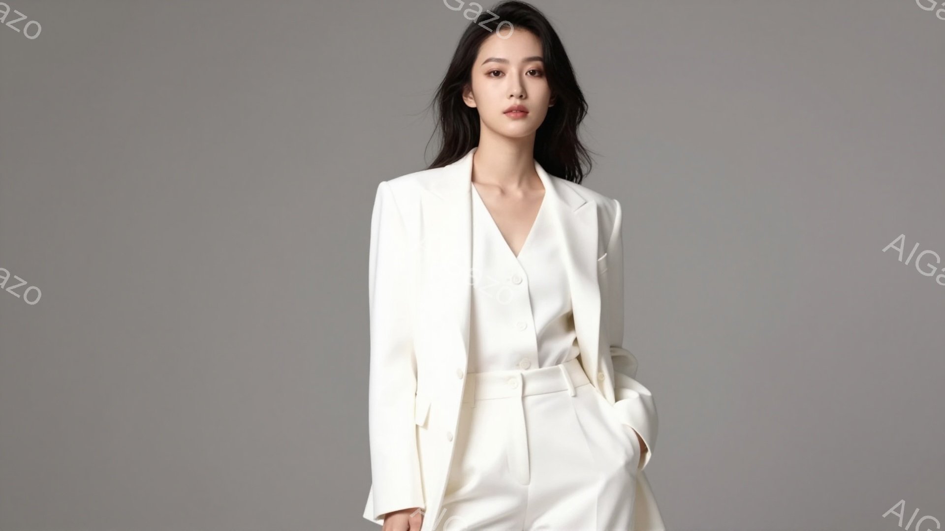 長い黒髪を肩まで伸ばした女性が、白いスーツ姿で立っている。表情は落ち着いており、わずかに微笑んでいるように見える。背景はグレーで単色であり、女性が際立つように工夫されている。