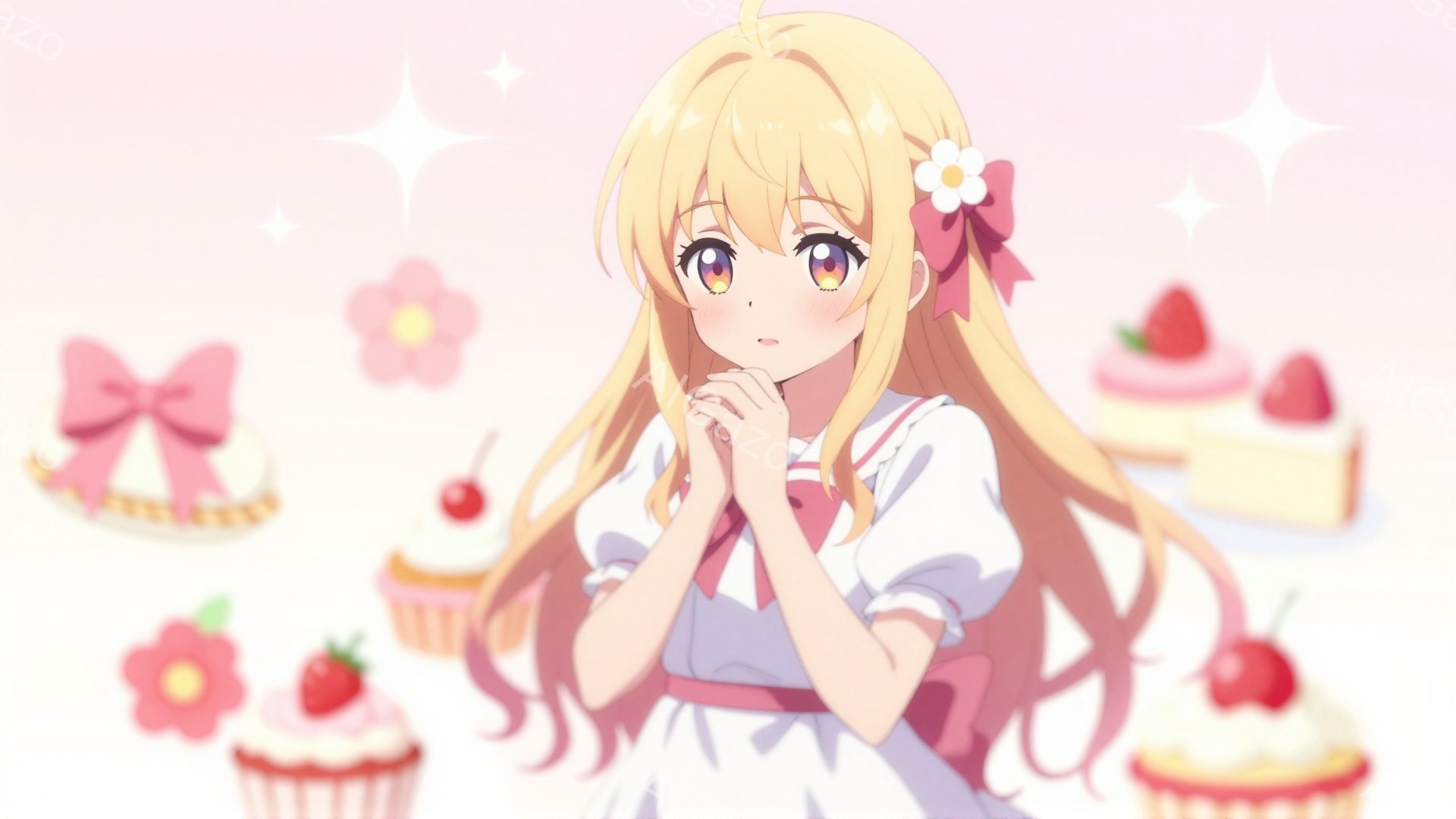 金髪の少女が描かれており、明るい笑顔で両手を合わせています。彼女は白いブラウスに赤いリボンとエプロンを身に着け、髪には花の飾りをつけています。背景には、カップケーキやケーキなどの甘いお菓子が散りばめられ、全体的に可愛らしく、夢のような雰囲気です。