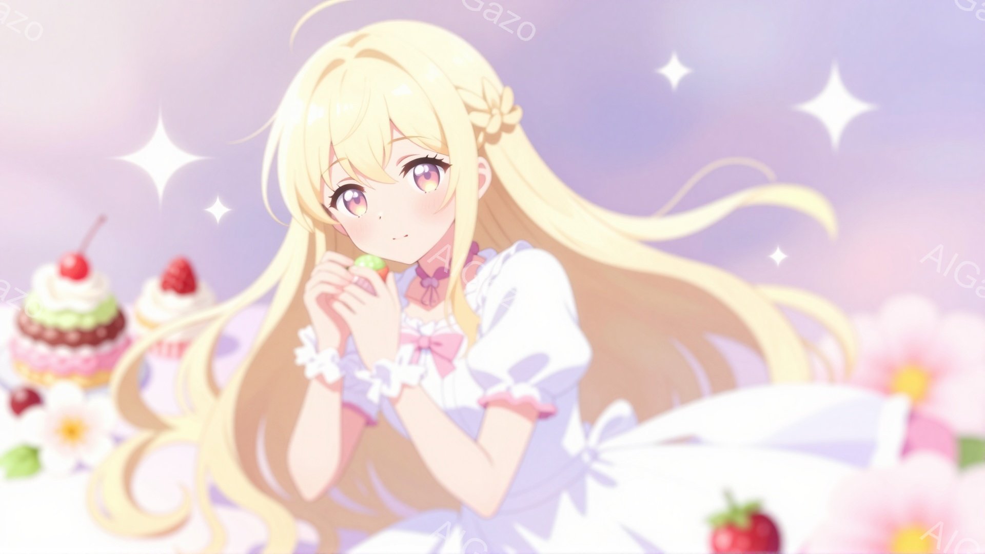 明るい金髪の少女が、白いフリルのついたドレスを着て、何かを食べている様子が描かれています。彼女は両腕を抱え、微笑みを浮かべており、背景にはパステルカラーの花々とケーキが散りばめられています。全体的に、甘くて夢のような、優しい雰囲気が漂っています。