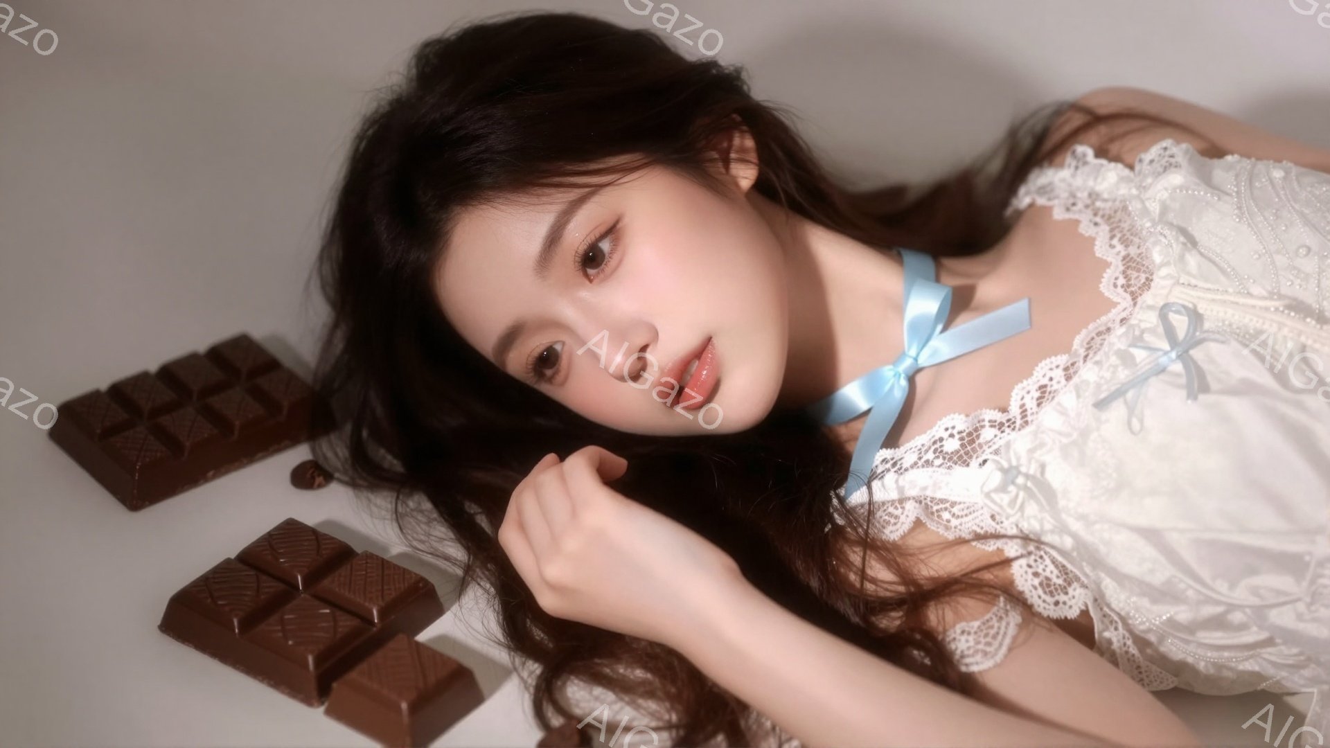 長い茶色の髪を広げ、レースの襟が美しい白いドレスを着た若い女性が描かれています。彼女は青いリボンで首元を飾り、少し微笑みながらカメラを見つめ、リラックスした体勢で横たわっています。背景は白く、彼女の隣 - AI生成フリー素材