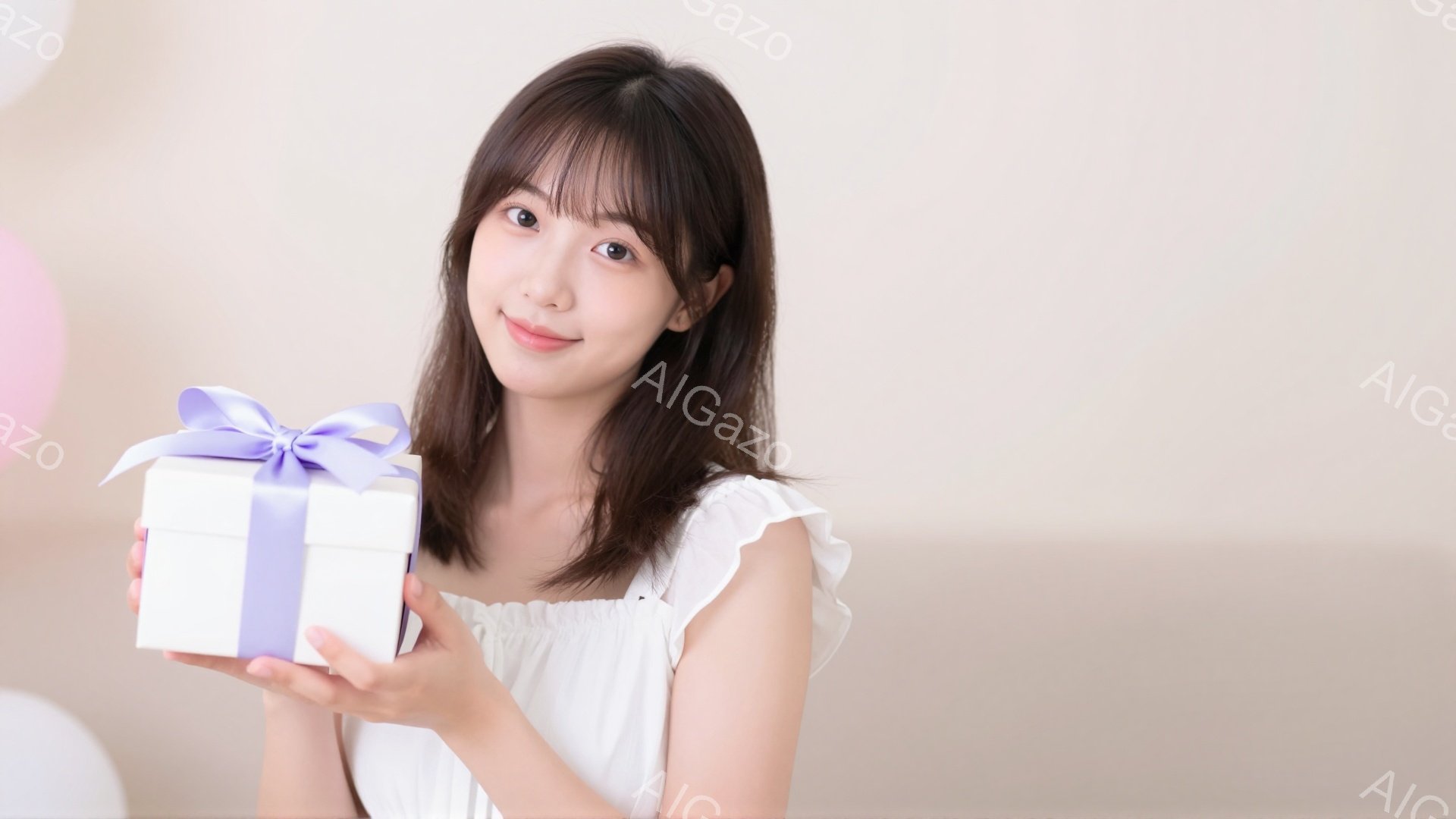 長い黒髪で、前髪は眉毛にかかるようにカットされた若い女性が、白いフリルのトップスを着ています。彼女は片手に白いリボンで飾られたプレゼントの箱を持っており、柔らかい笑顔を浮かべています。背景は淡いピンク - AI生成フリー素材