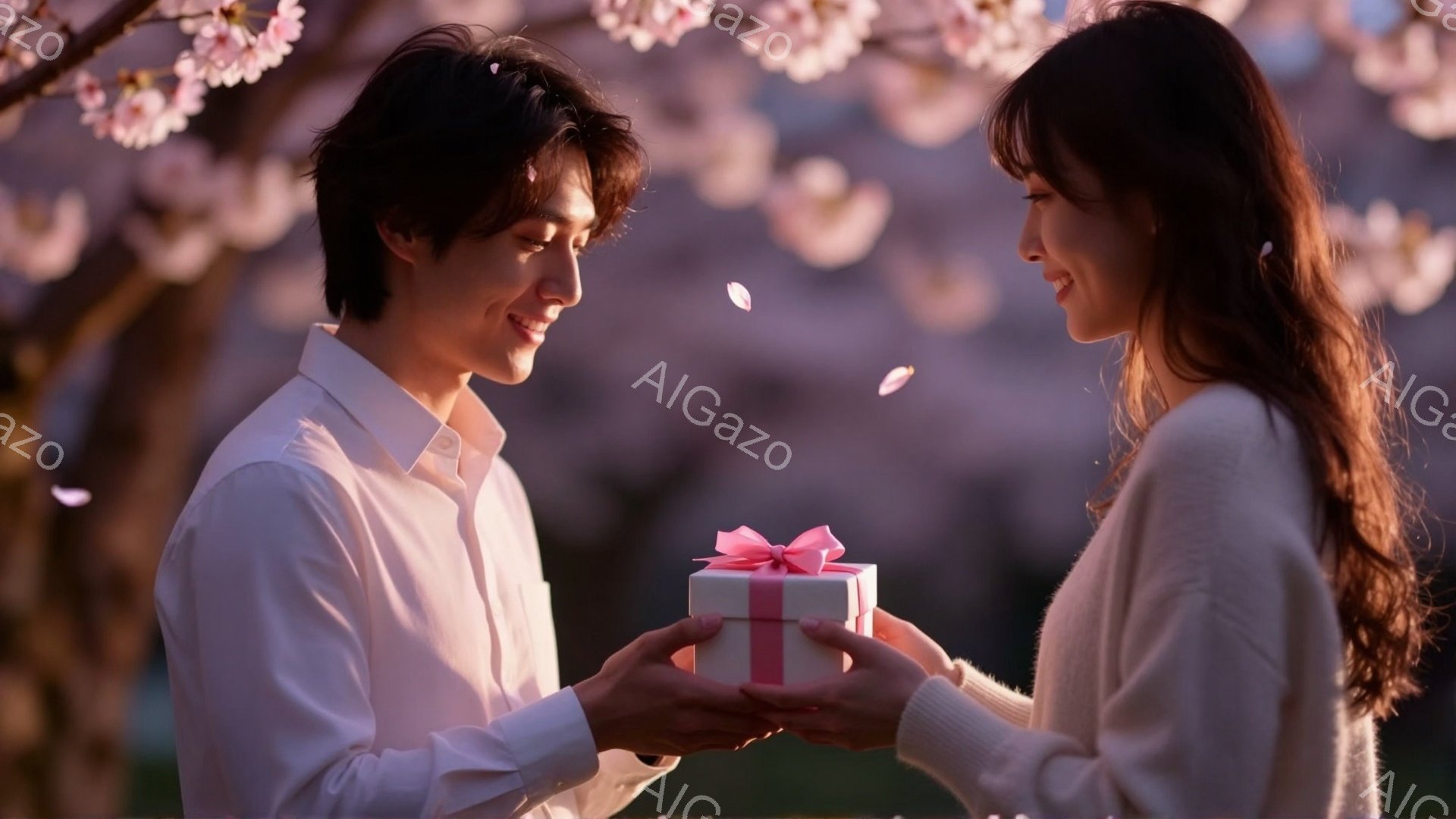 若い男性が若い女性に小さなギフトボックスを渡している場面です。男性は白いシャツを着ており、女性はセーターを着ています。背景には桜の花びらが舞い散る桜の木があり、春の暖かくロマンチックな雰囲気を醸し出しています。