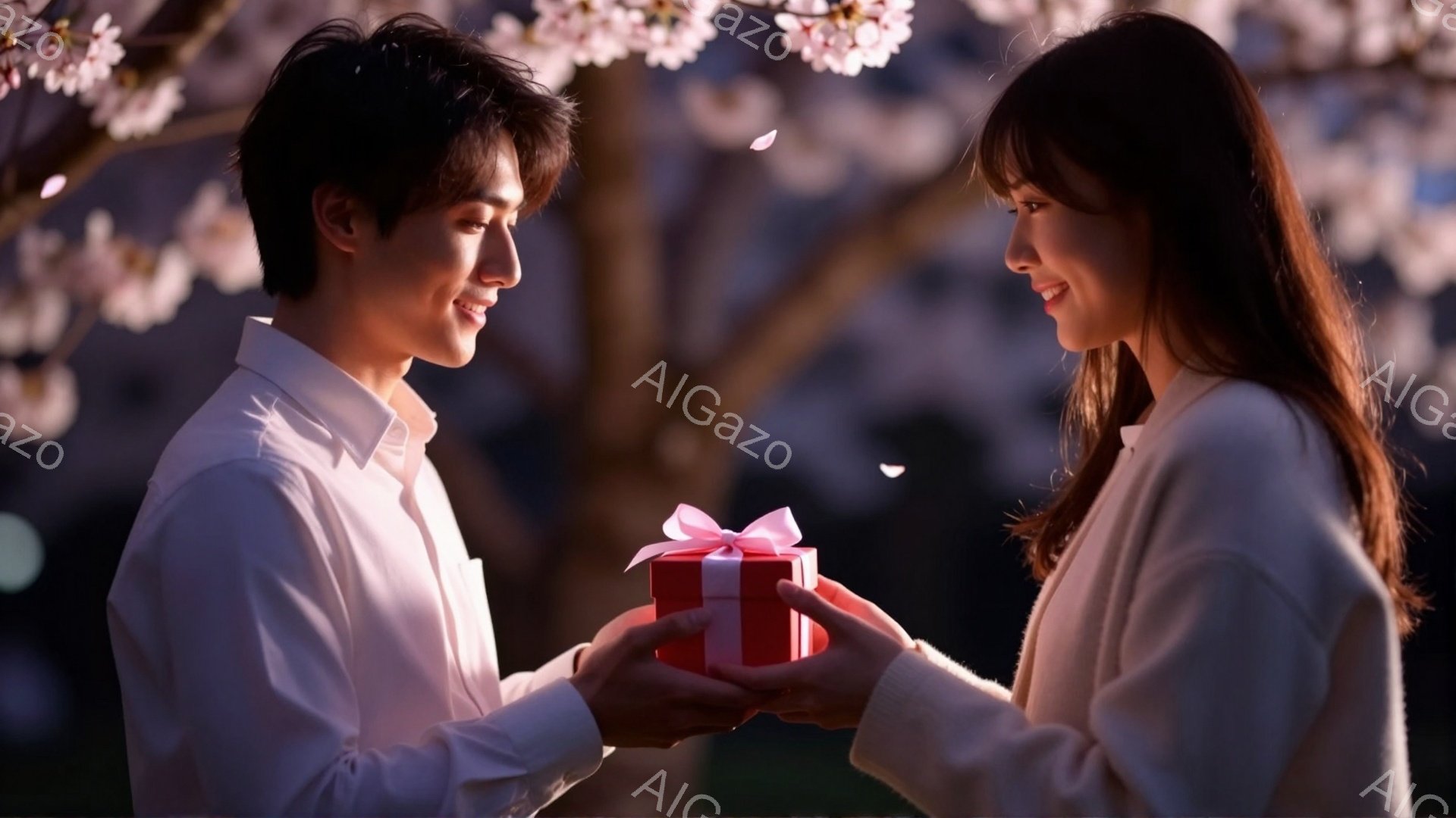 桜の花びらが舞う中、男性が女性に赤いリボンで結ばれた赤いプレゼントを渡している場面です。男性は白いシャツを着て微笑んでおり、女性は白いセーターを着て、プレゼントを受け取るために手を伸ばしています。背景 - AI生成フリー素材