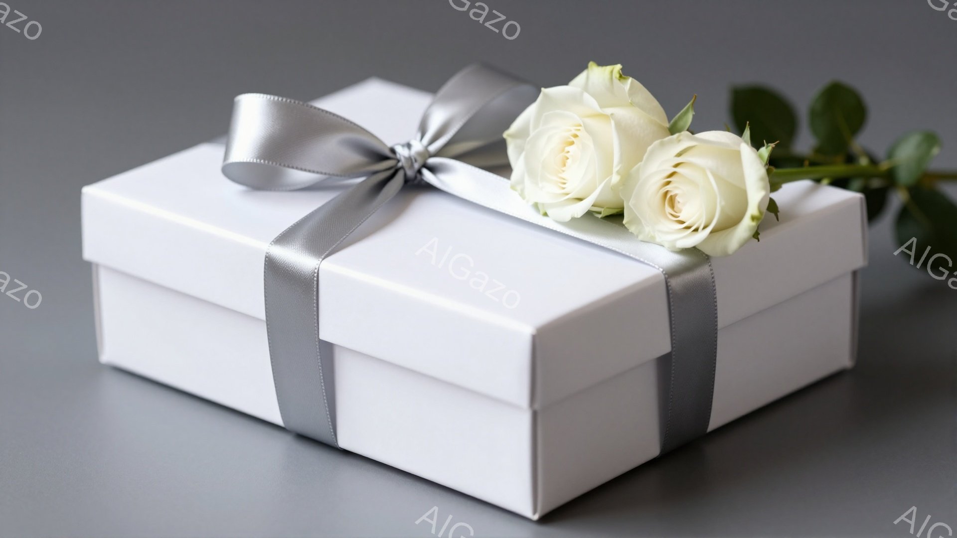白いギフトボックスが灰色の背景に置かれています。ボックスはリボンで丁寧に飾られており、その上に二本の白いバラと緑の葉が添えられています。全体的に落ち着いた雰囲気で、贈り物や特別な機会を連想させます。