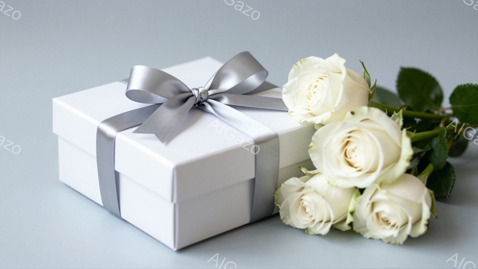 白いギフトボックスが、灰色のリボンで上品に飾られています。ボックスの隣には、咲き始めの白いバラが数輪置かれ、緑の葉がアクセントになっています。背景は淡いグレーで、全体的に優雅でロマンチックな雰囲気が漂っています。