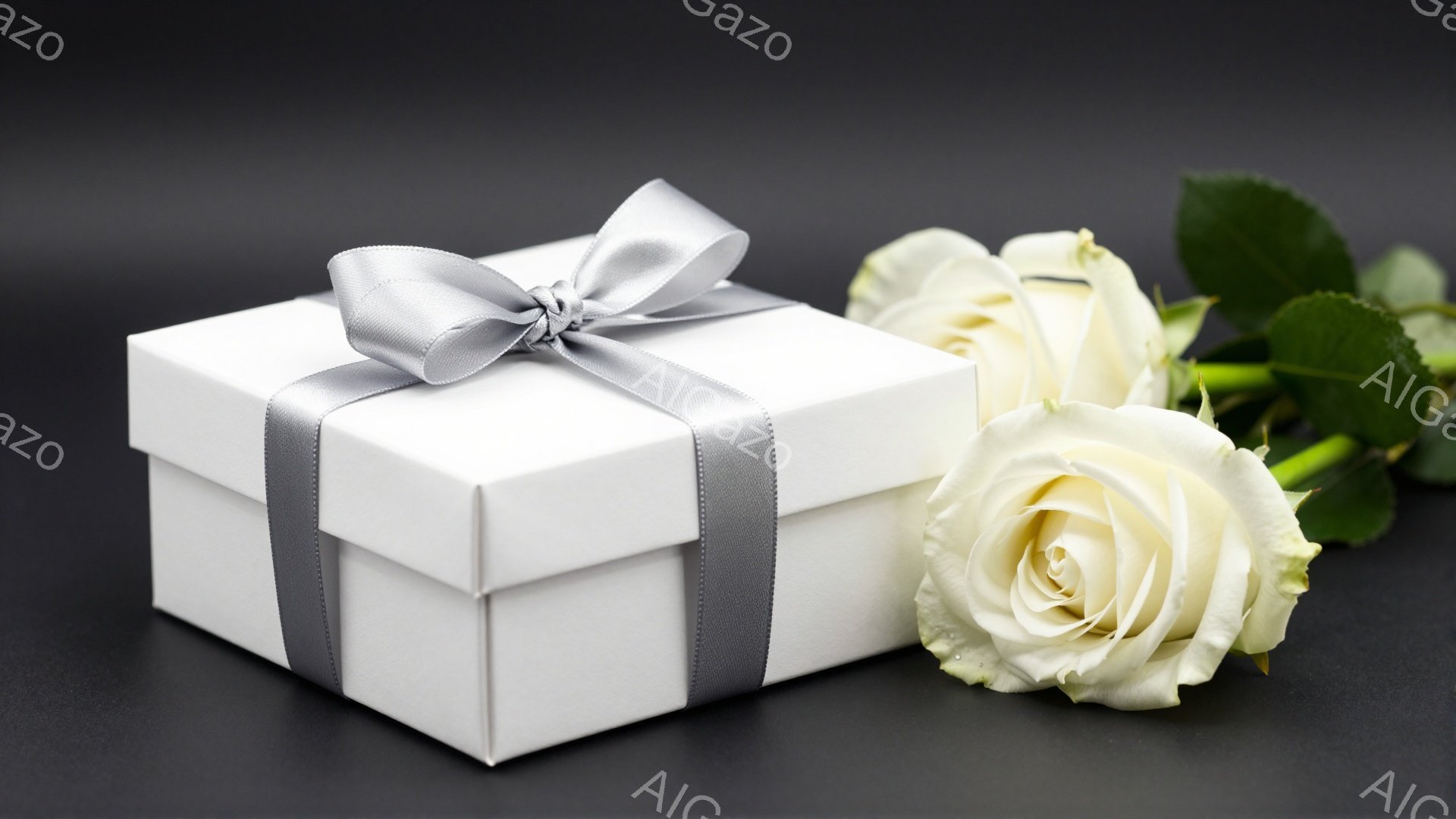 白いギフトボックスが、銀色のリボンで上品に飾られています。ボックスの隣には、つぼみが開きかけの白いバラが数輪寄り添い、瑞々しい緑の葉が周囲を彩っています。背景は暗いグレーで、全体の雰囲気は洗練されていて、優雅な贈り物や特別な機会を想起させます。