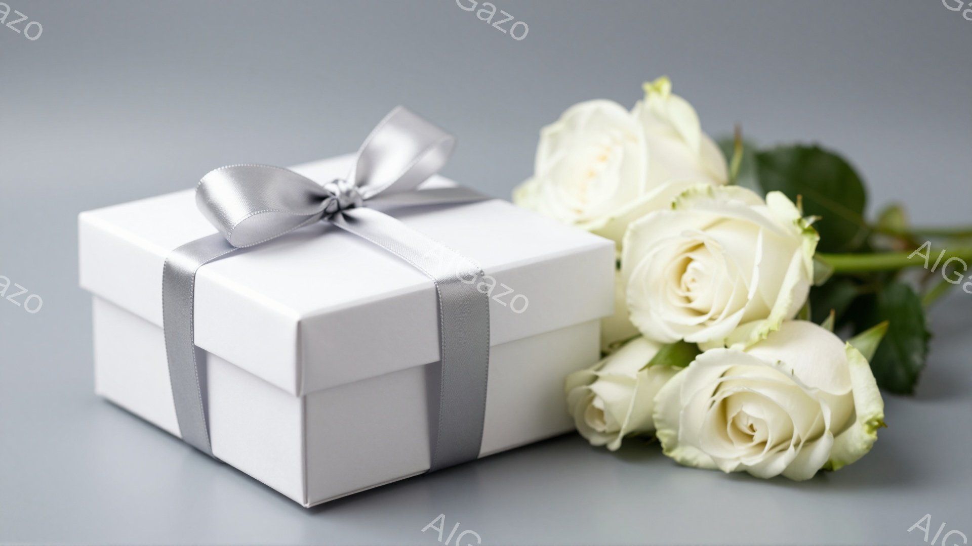 白いギフトボックスが、明るい灰色を背景に置かれ、銀色のリボンで結ばれています。ボックスの隣には、３つの白く咲き誇るバラと緑の葉が添えられており、優雅で洗練された雰囲気を醸し出しています。全体的に落ち着いた色調で、贈り物と花が互いに引き立て合い、上品な印象を与えます。